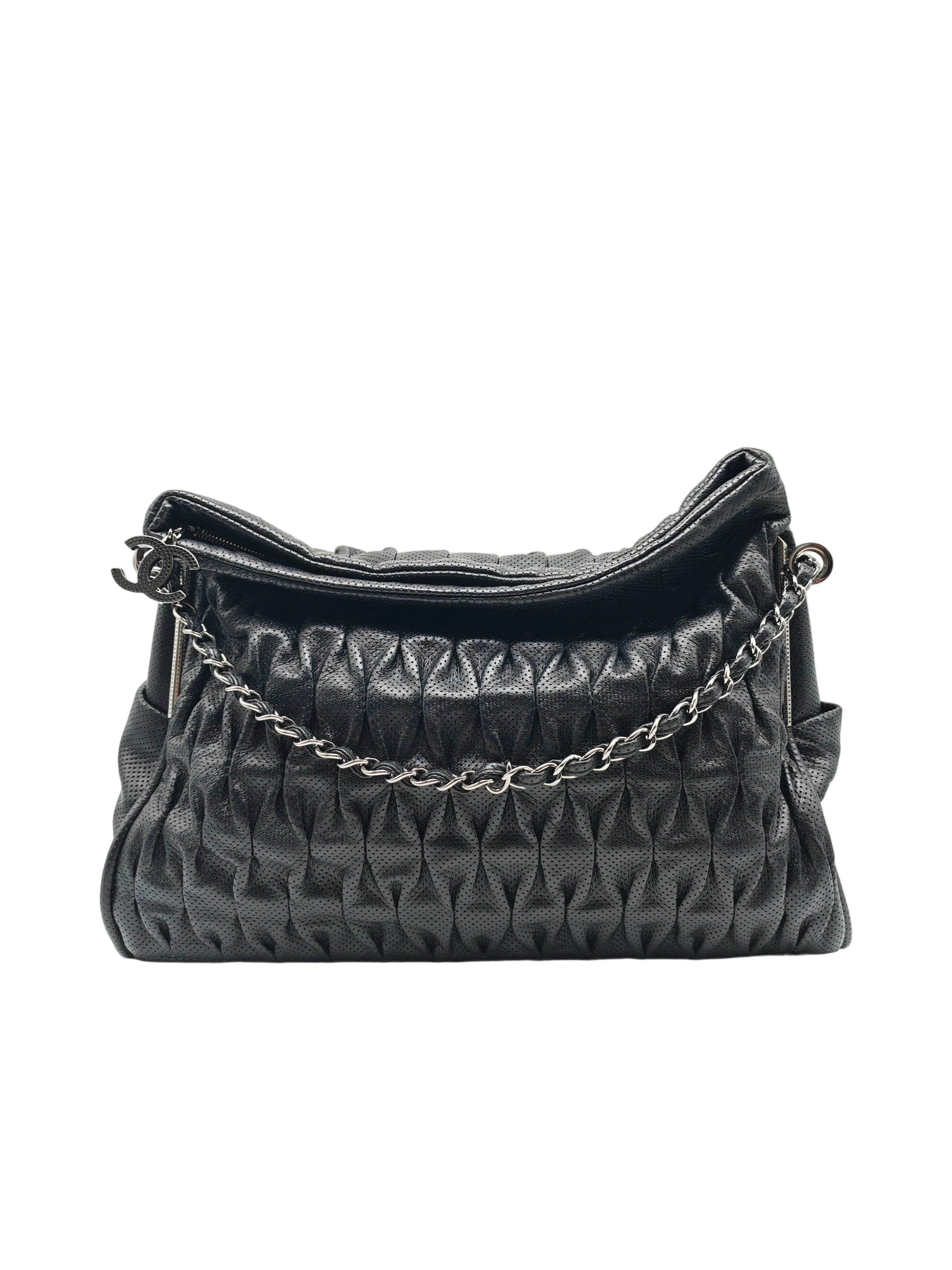 Chanel Perforated Ultimate Soft Hobo Bag in Black and Silver Hardware Series 12 | Purse Maison Luxury Bags Shop