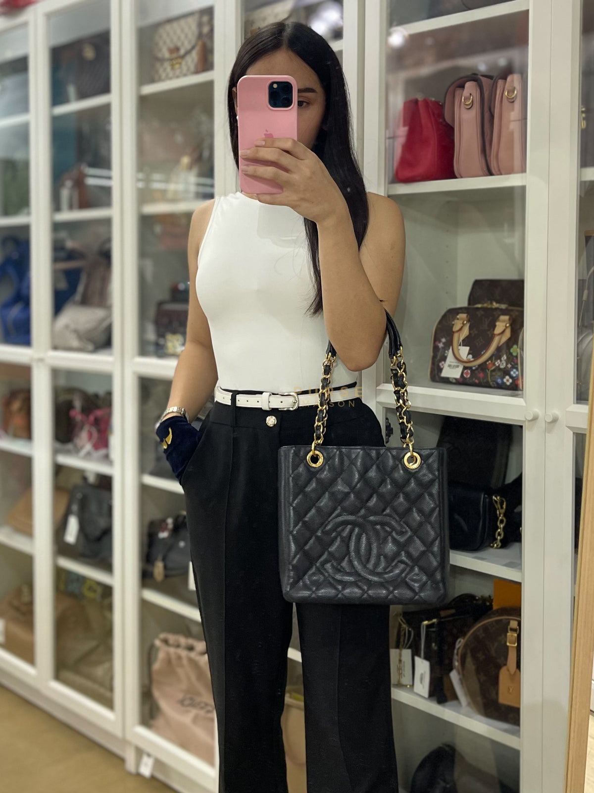 Petite Shopping Tote (PST) in Black Caviar Leather Gold Hardware (Series 15) | Purse Maison Luxury Bags Shop