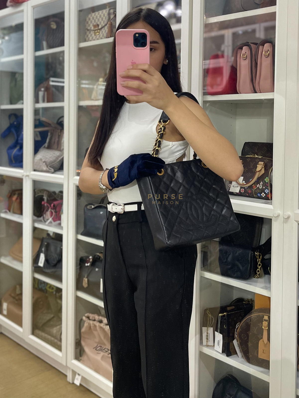 Petite Shopping Tote (PST) in Black Caviar Leather Gold Hardware (Series 15) | Purse Maison Luxury Bags Shop