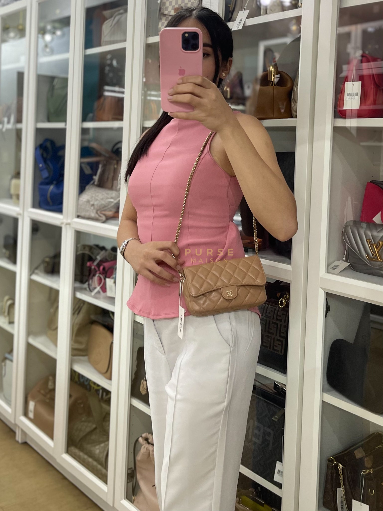 Phone Holder in Dark Beige Caviar Leather Gold Hardware (Microchip) | Purse Maison Luxury Bags Shop