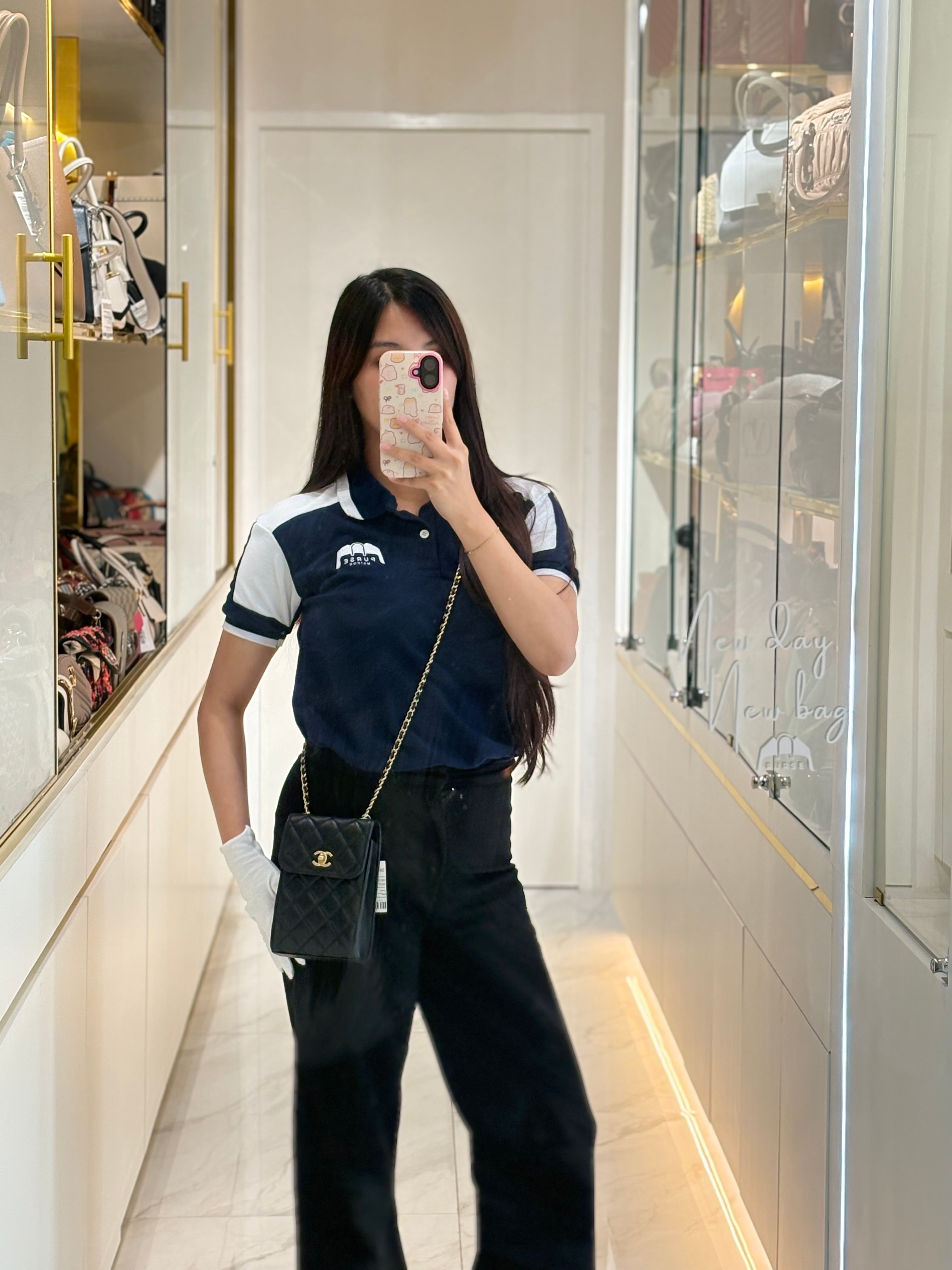 Chanel Phone Holder Pearl Crush Black Lambskin Leather in Aged Gold Hardware (Series 30) | Purse Maison Luxury Bags Shop