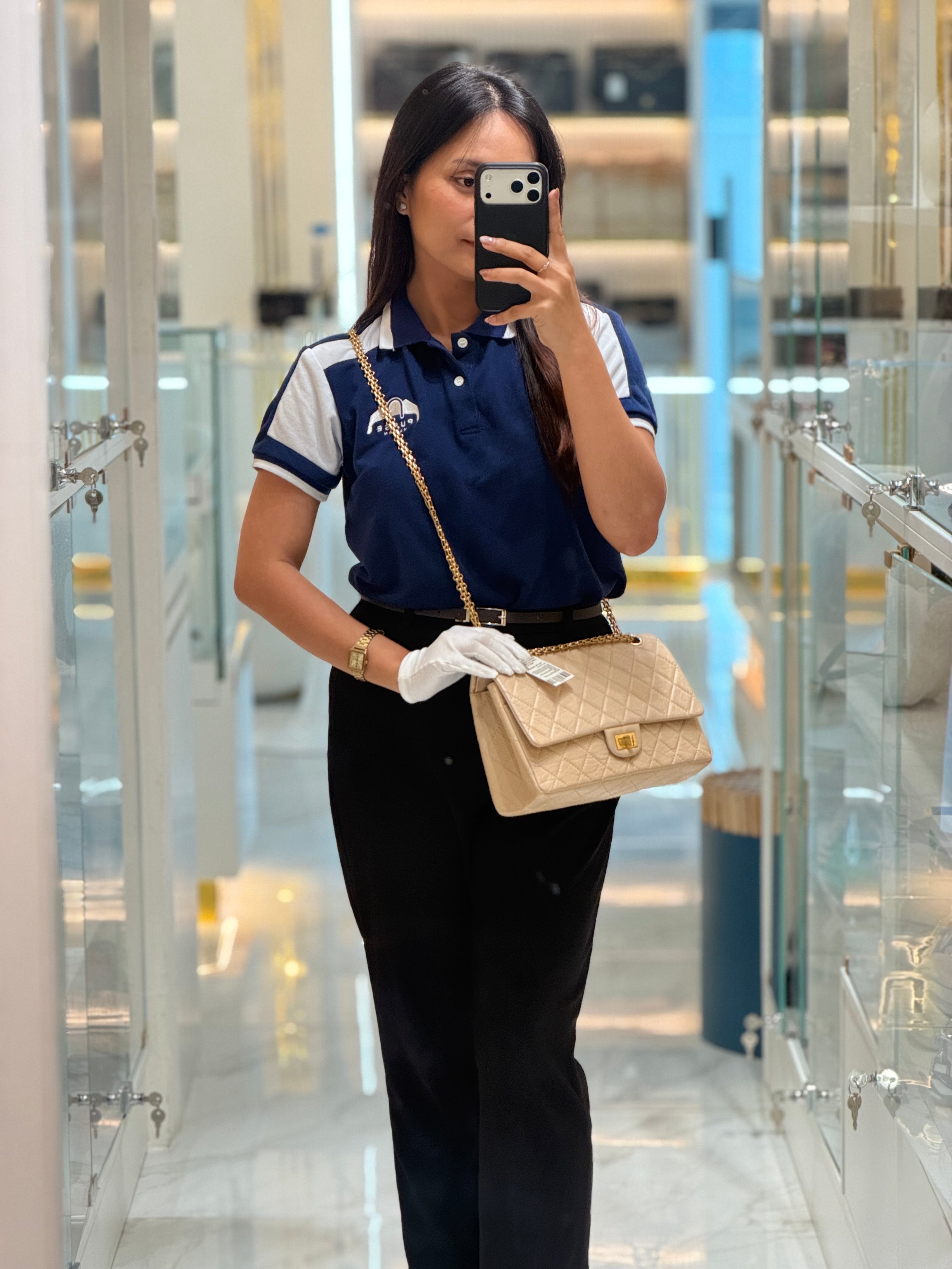 Chanel Reissue 2.55 in Beige Distressed Calfskin Leather an Aged Gold Hardwadre Series 18 | Purse Maison Luxury Bags Shop