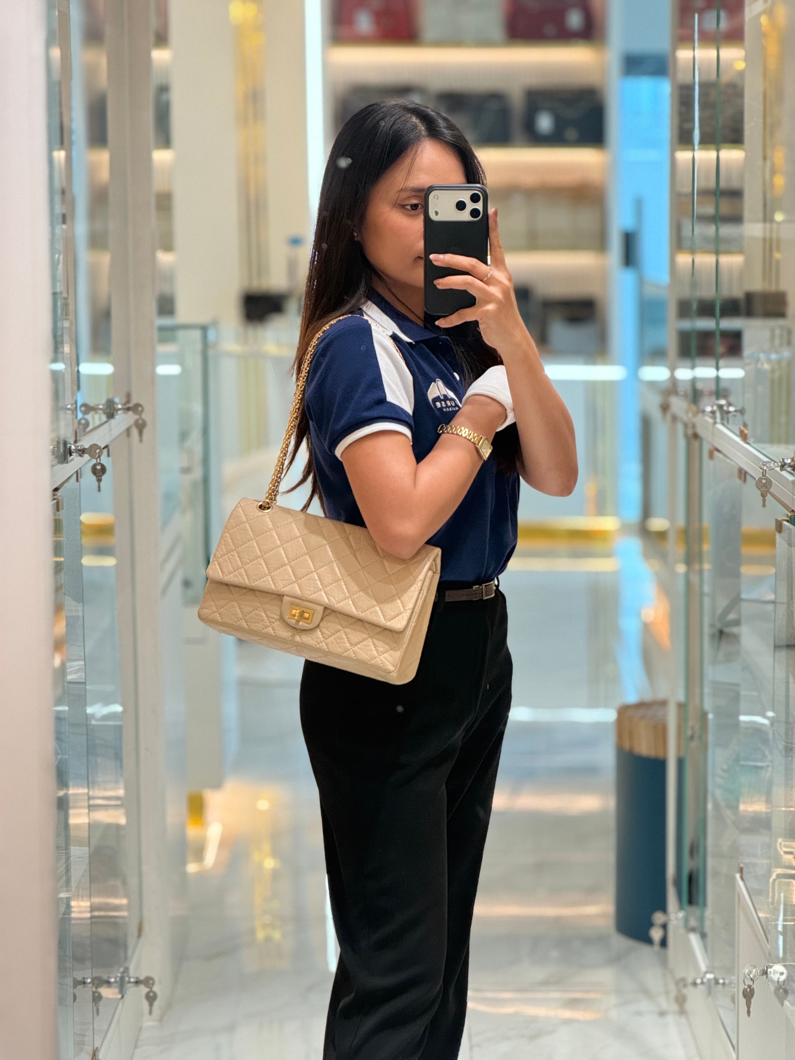 Chanel Reissue 2.55 in Beige Distressed Calfskin Leather an Aged Gold Hardwadre Series 18 | Purse Maison Luxury Bags Shop