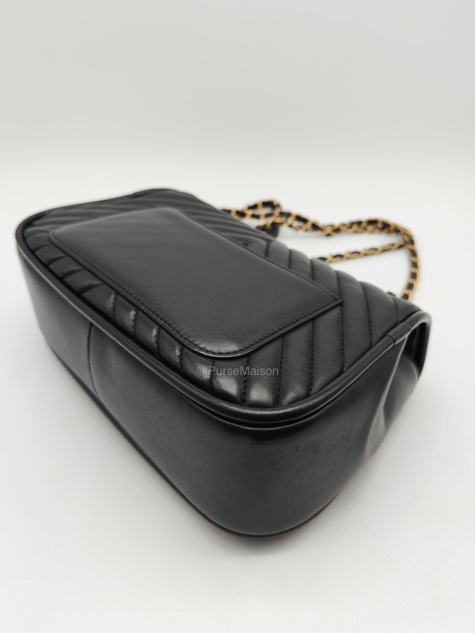 Chanel Reverse Chevron Top Handle Flap Bag in Black Quilted Lambskin Leather and Aged Gold Hardware Series 24 | Purse Maison Luxury Bags Shop