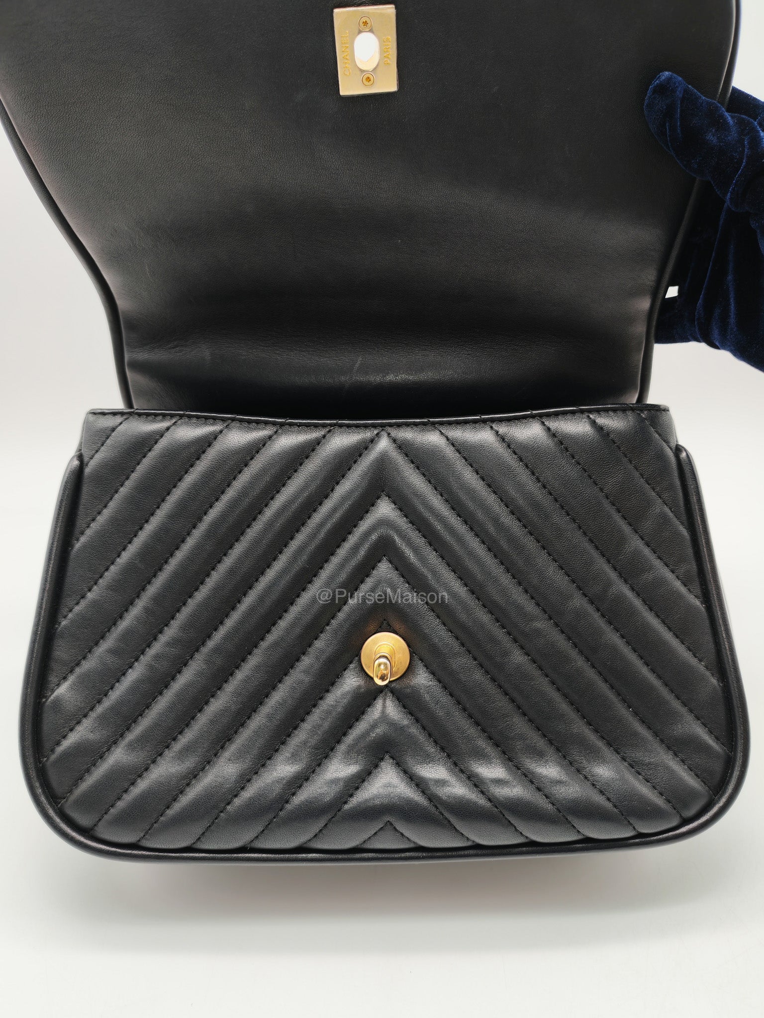 Chanel Reverse Chevron Top Handle Flap Bag in Black Quilted Lambskin Leather and Aged Gold Hardware Series 24 | Purse Maison Luxury Bags Shop