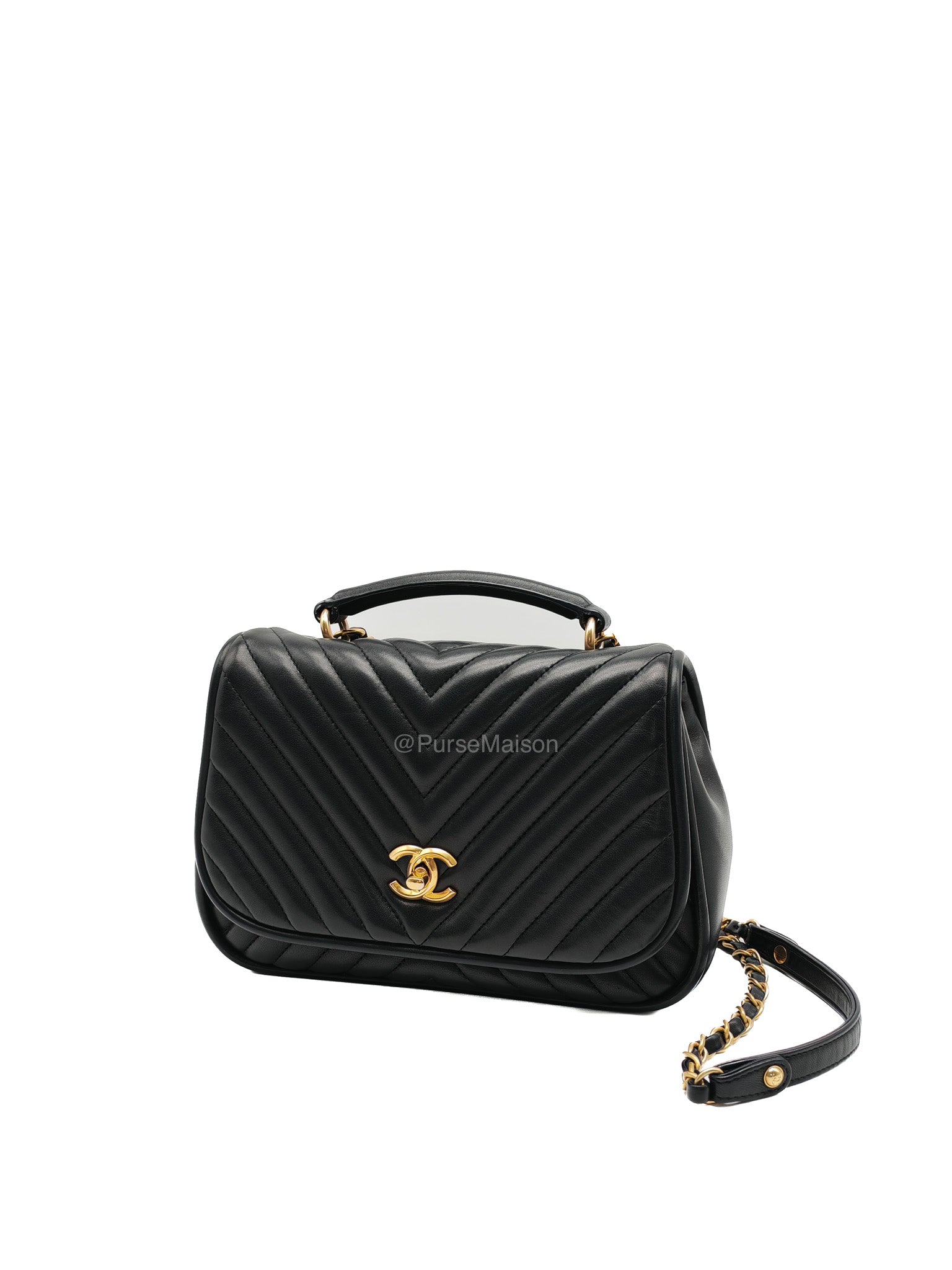 Chanel Reverse Chevron Top Handle Flap Bag in Black Quilted Lambskin Leather and Aged Gold Hardware Series 24 | Purse Maison Luxury Bags Shop