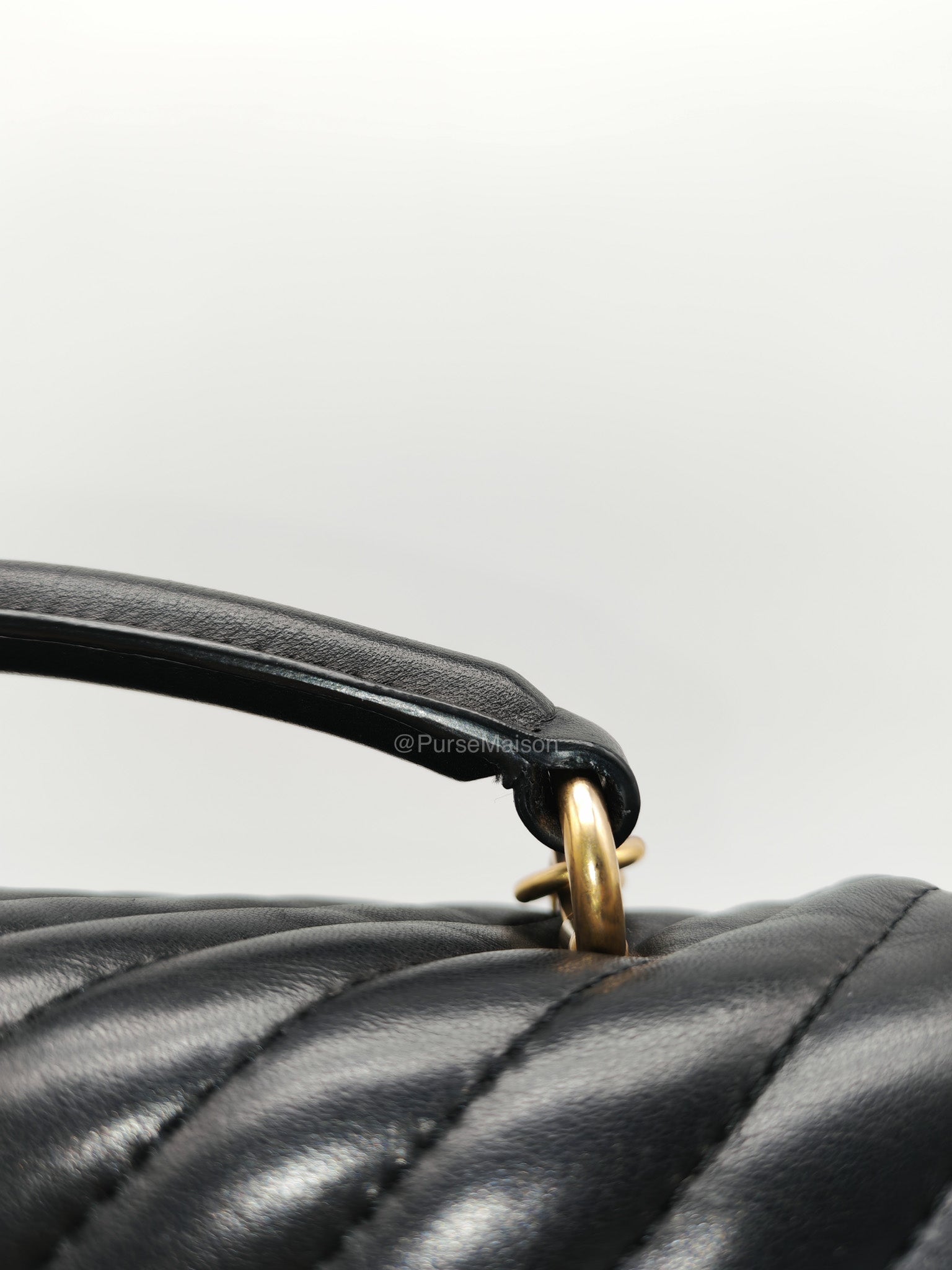 Chanel Reverse Chevron Top Handle Flap Bag in Black Quilted Lambskin Leather and Aged Gold Hardware Series 24 | Purse Maison Luxury Bags Shop
