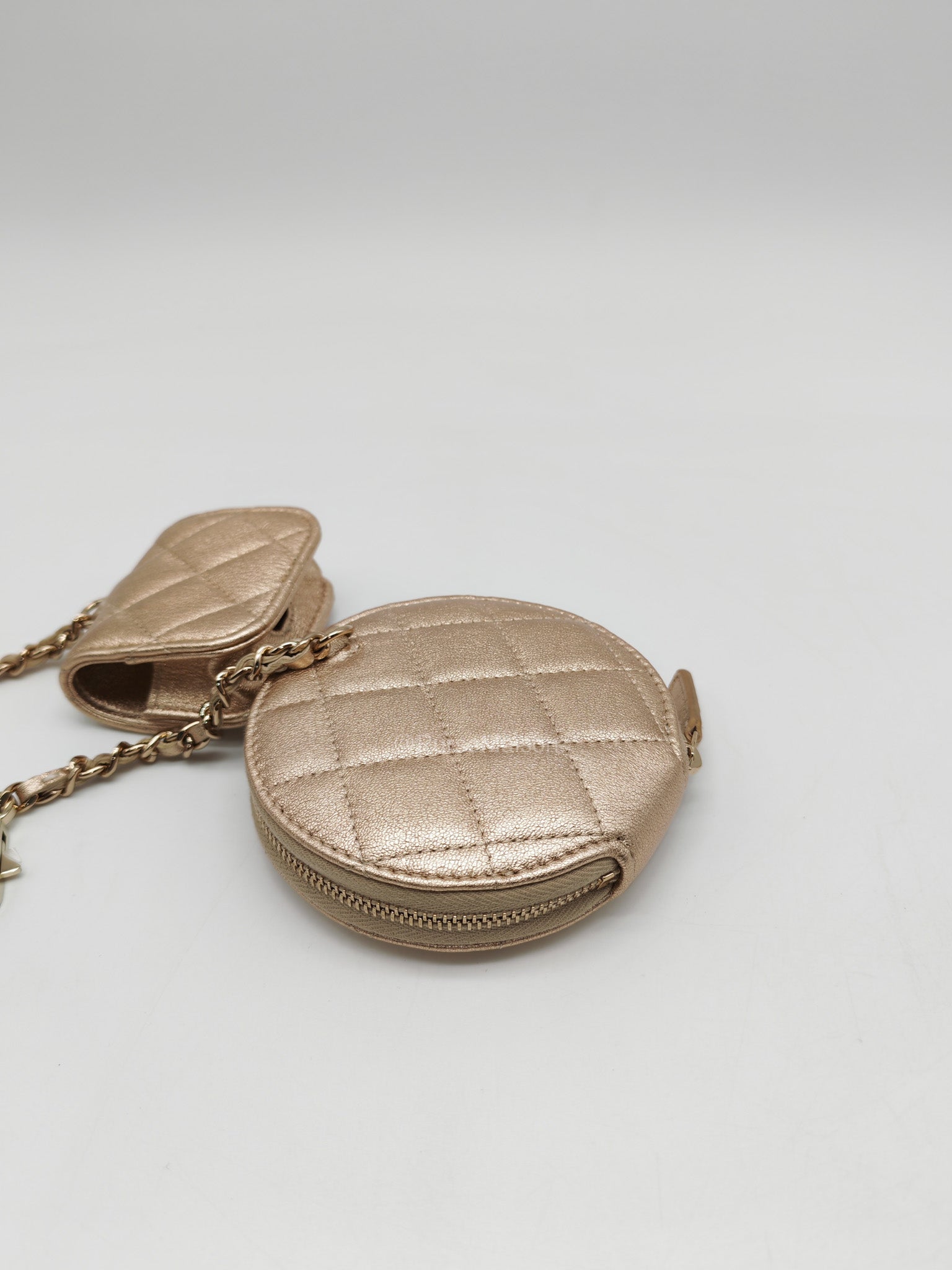 Chanel Round Clip-on Coin Purse and Airpods Case Set in Metallic Gold Quilted Lambskin Leather and Light Gold Hardware Microchip | Purse Maison Luxury Bags Shop