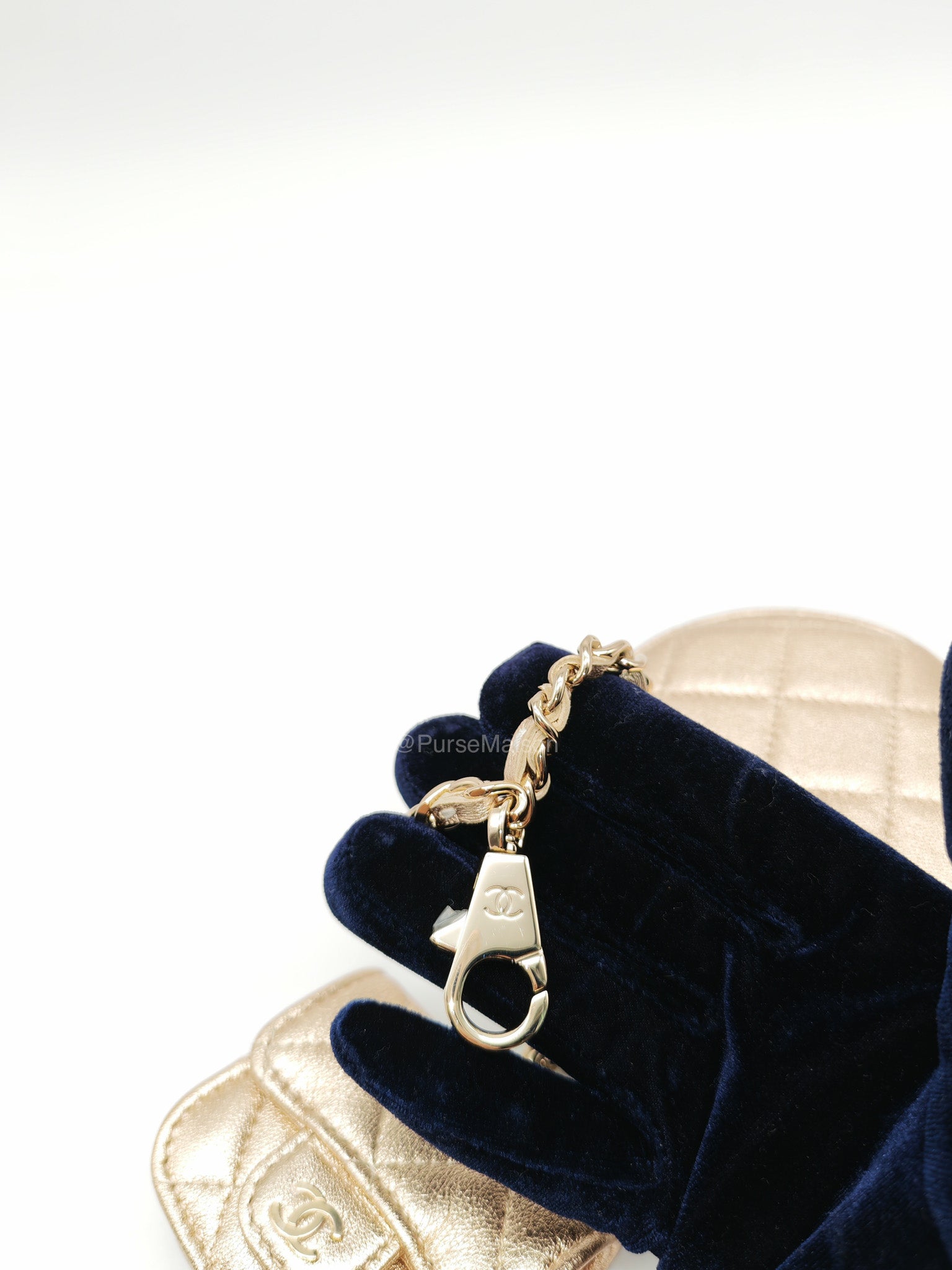 Chanel Round Clip-on Coin Purse and Airpods Case Set in Metallic Gold Quilted Lambskin Leather and Light Gold Hardware Microchip | Purse Maison Luxury Bags Shop