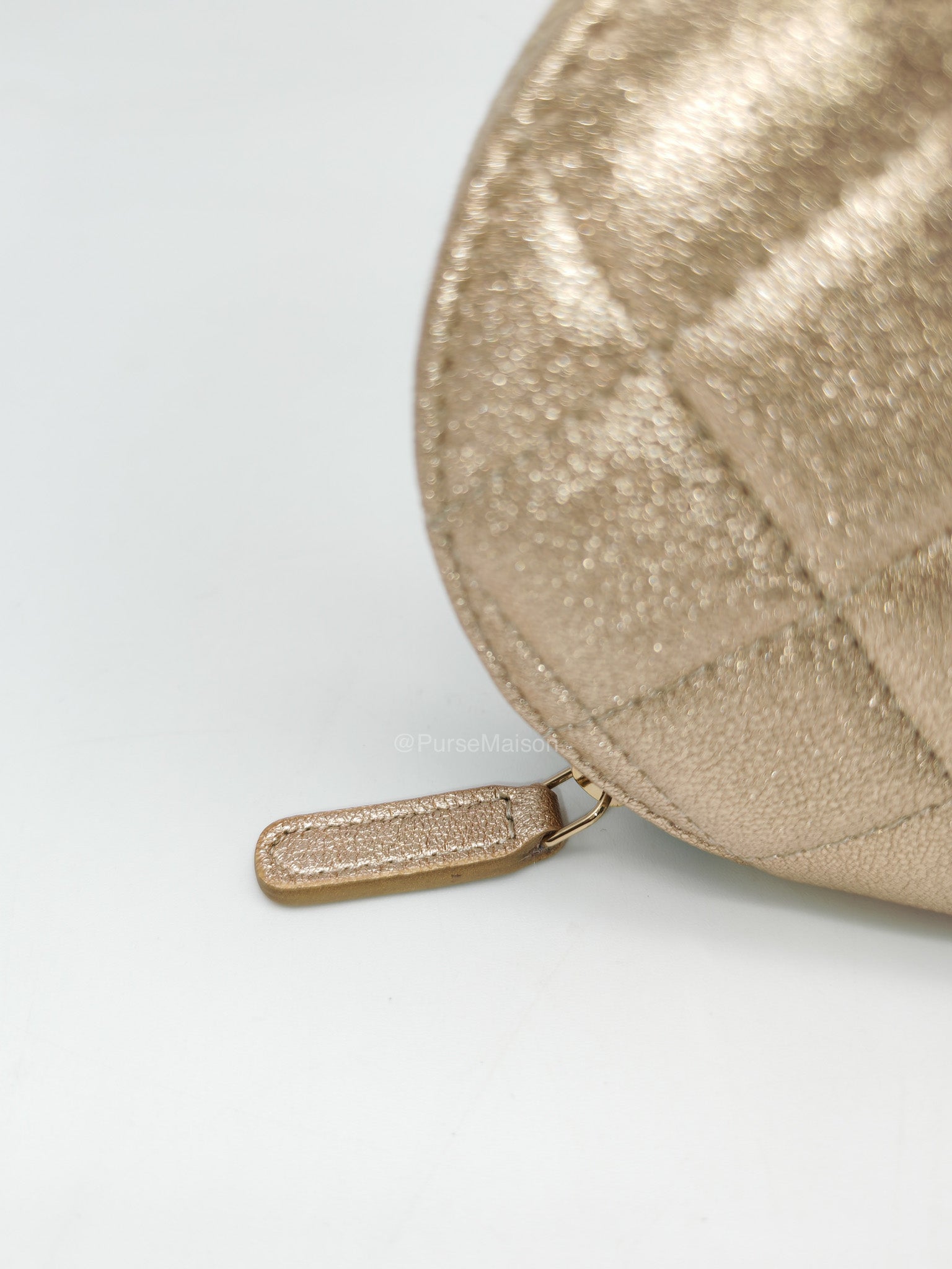 Chanel Round Clip-on Coin Purse and Airpods Case Set in Metallic Gold Quilted Lambskin Leather and Light Gold Hardware Microchip | Purse Maison Luxury Bags Shop