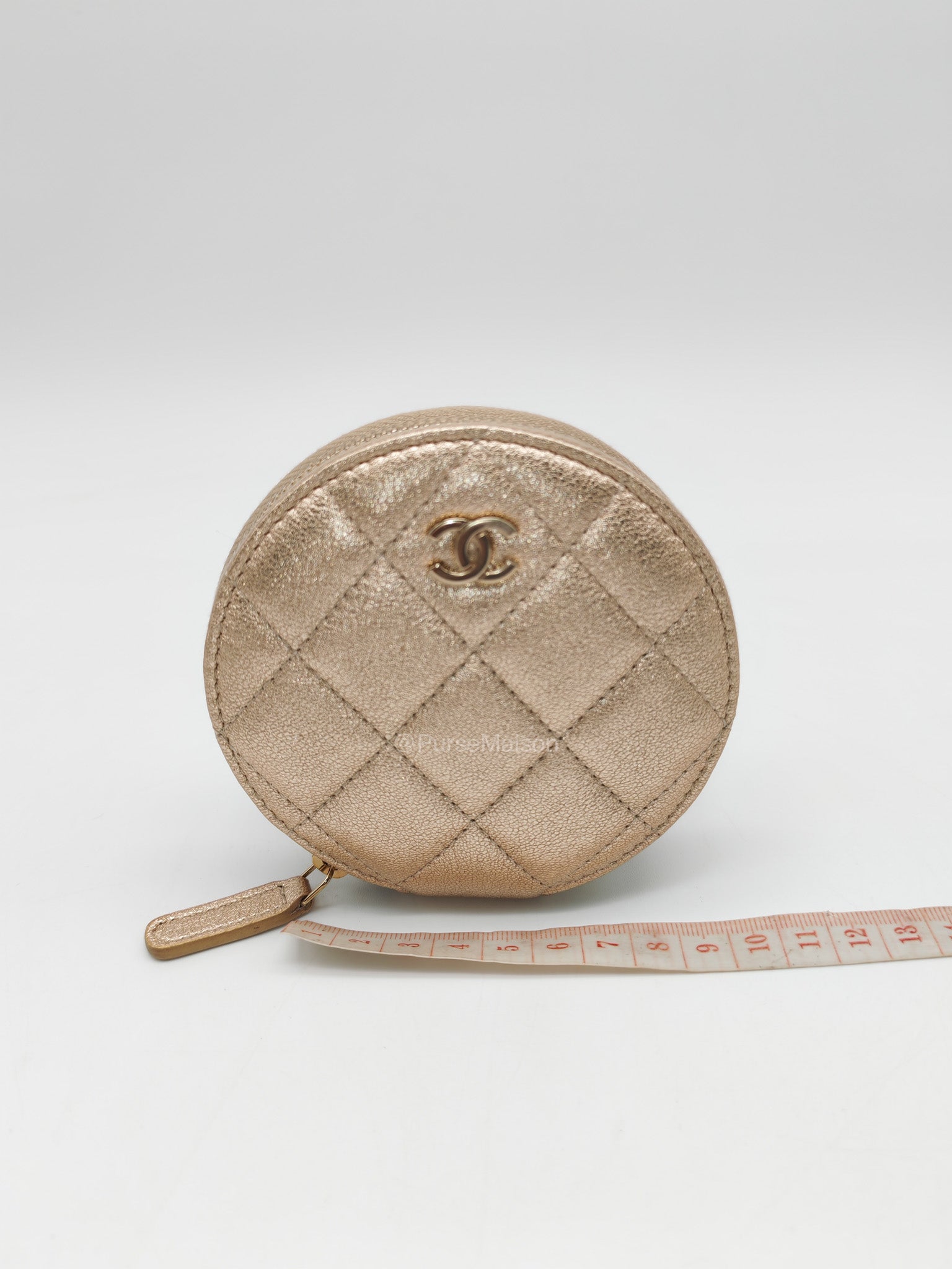 Chanel Round Clip-on Coin Purse and Airpods Case Set in Metallic Gold Quilted Lambskin Leather and Light Gold Hardware Microchip | Purse Maison Luxury Bags Shop