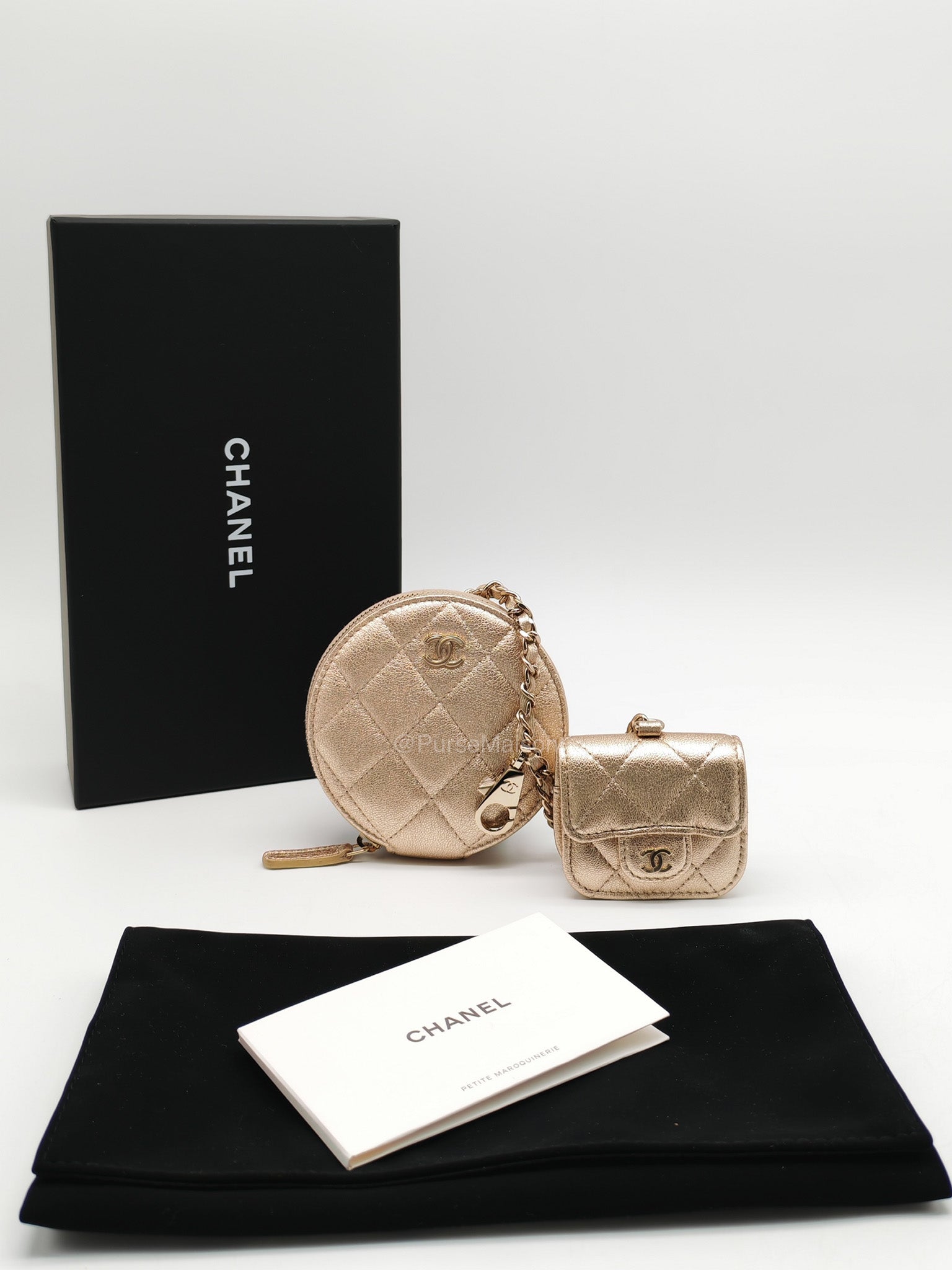 Chanel Round Clip-on Coin Purse and Airpods Case Set in Metallic Gold Quilted Lambskin Leather and Light Gold Hardware Microchip | Purse Maison Luxury Bags Shop