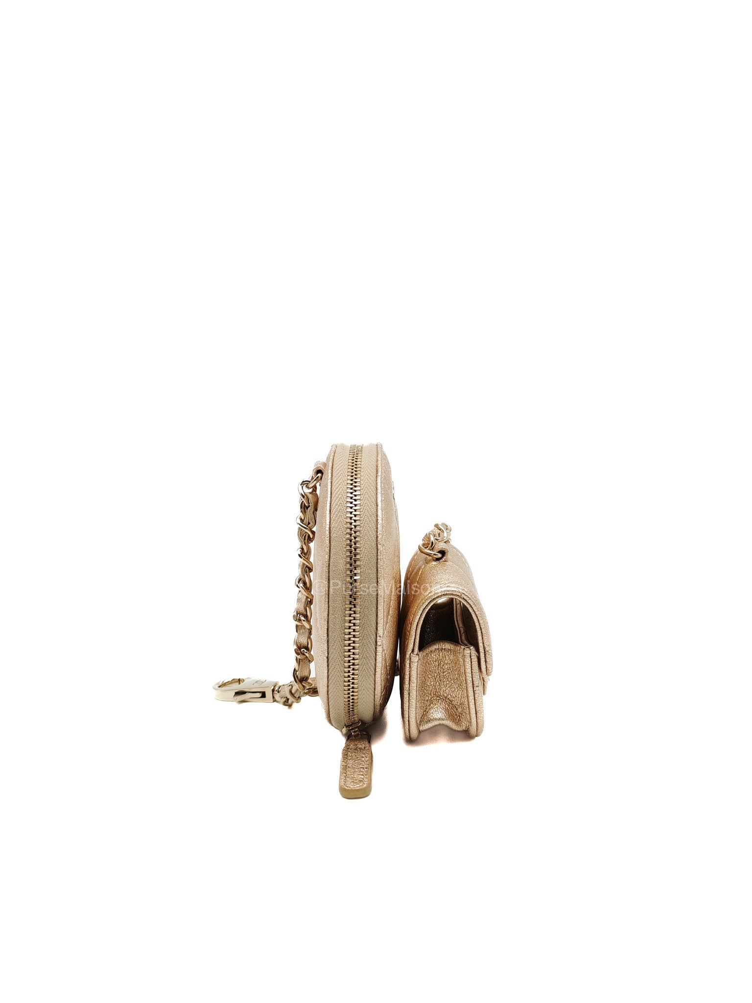 Chanel Round Clip-on Coin Purse and Airpods Case Set in Metallic Gold Quilted Lambskin Leather and Light Gold Hardware Microchip | Purse Maison Luxury Bags Shop