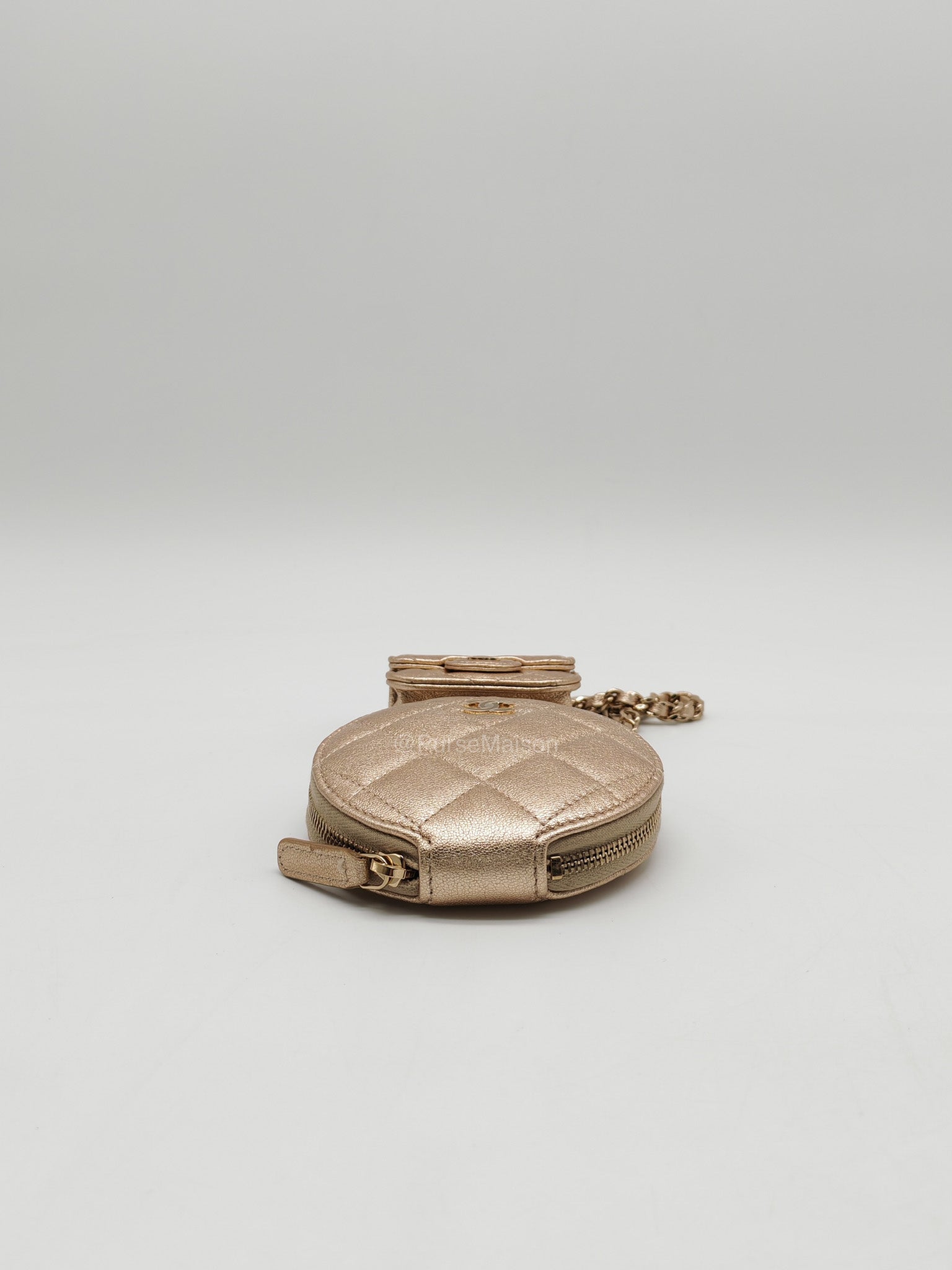 Chanel Round Clip-on Coin Purse and Airpods Case Set in Metallic Gold Quilted Lambskin Leather and Light Gold Hardware Microchip | Purse Maison Luxury Bags Shop