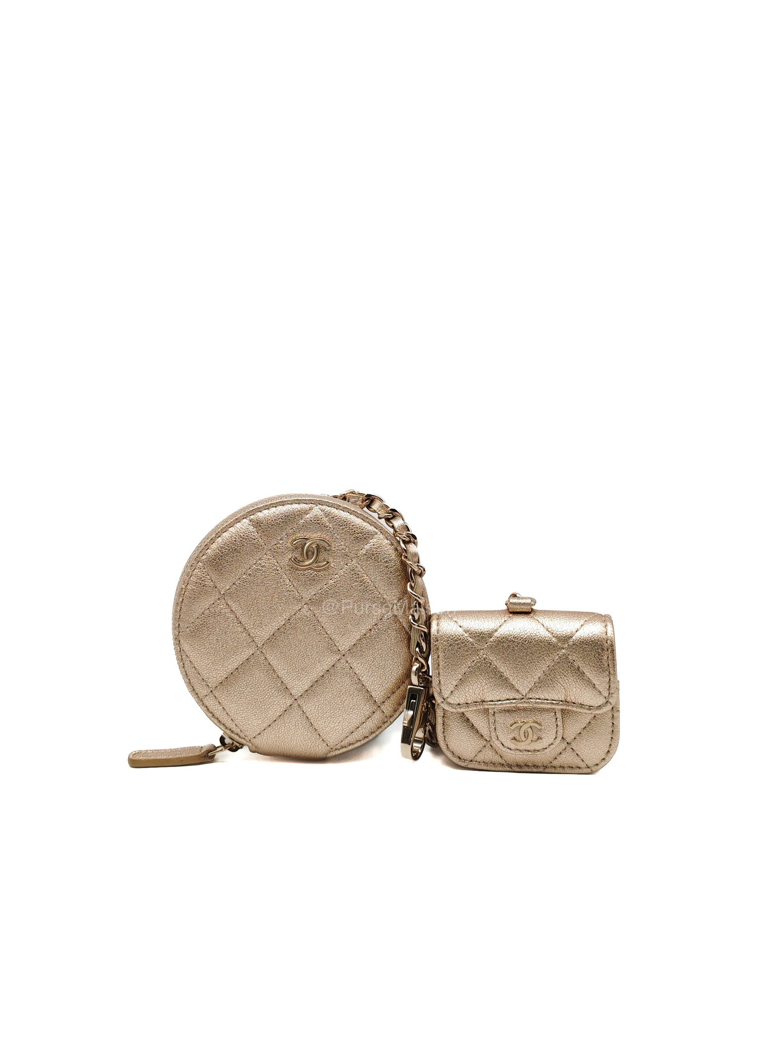 Chanel Round Clip-on Coin Purse and Airpods Case Set in Metallic Gold Quilted Lambskin Leather and Light Gold Hardware Microchip | Purse Maison Luxury Bags Shop