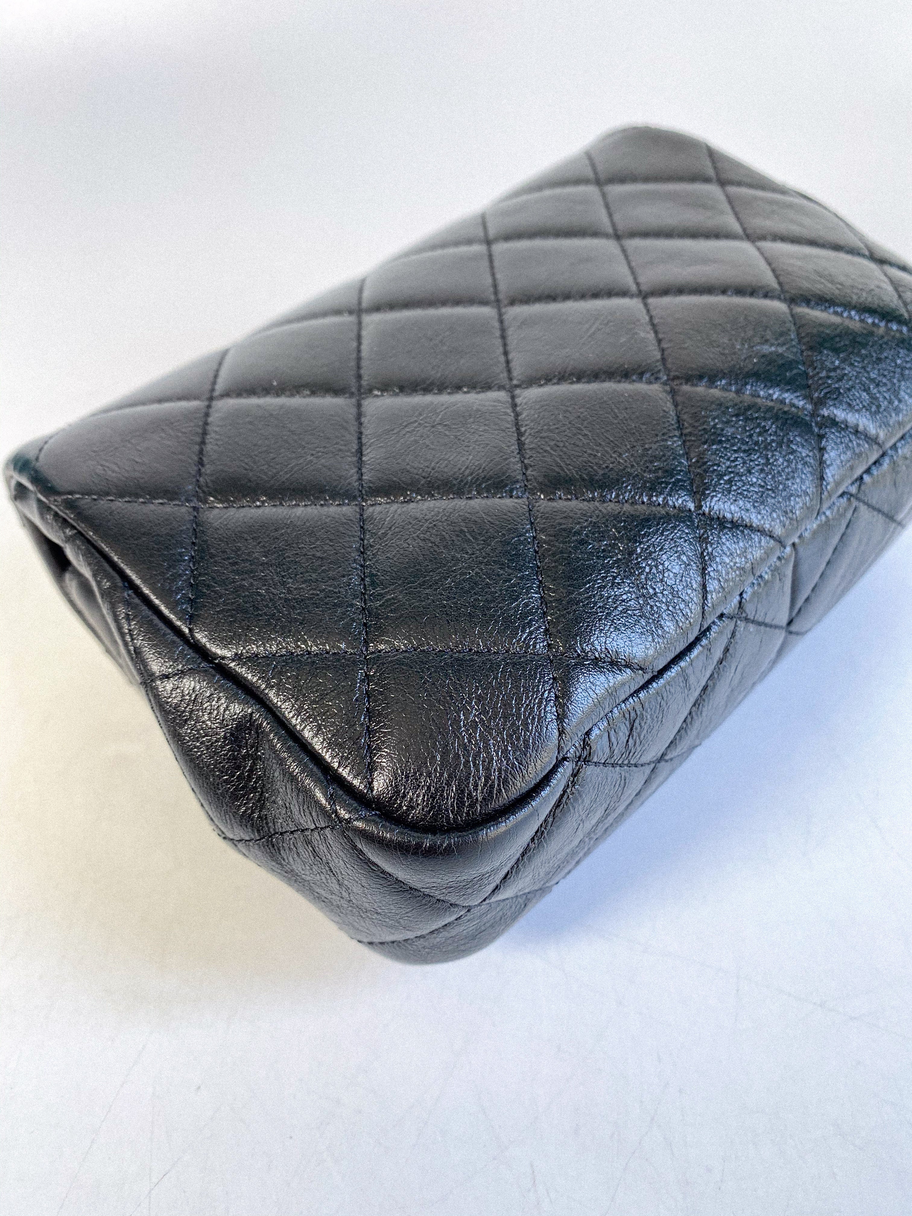 Chanel Seasonal Mini Flap Pearl CC and Chain in Black Calfskin and Aged Gold Hardware (Microchip)
