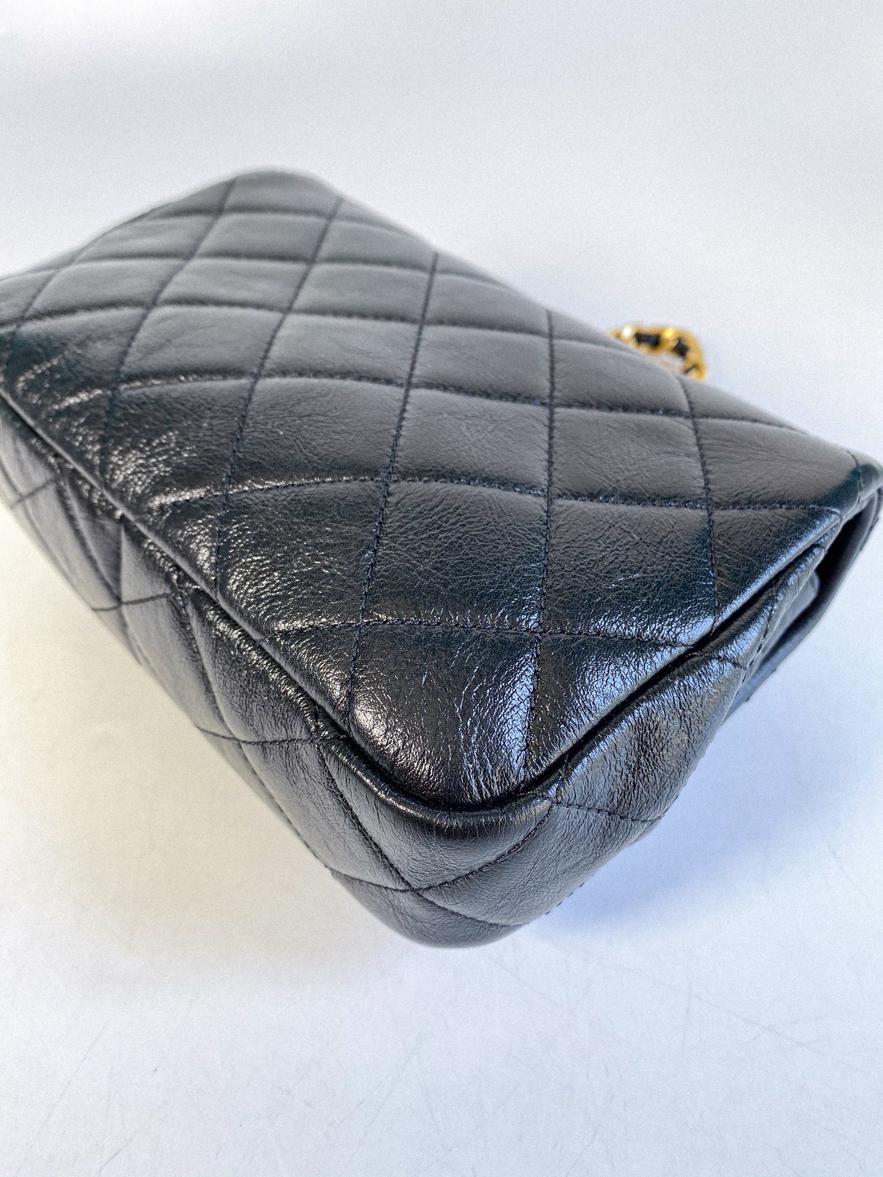 Chanel Seasonal Mini Flap Pearl CC and Chain in Black Calfskin and Aged Gold Hardware (Microchip)