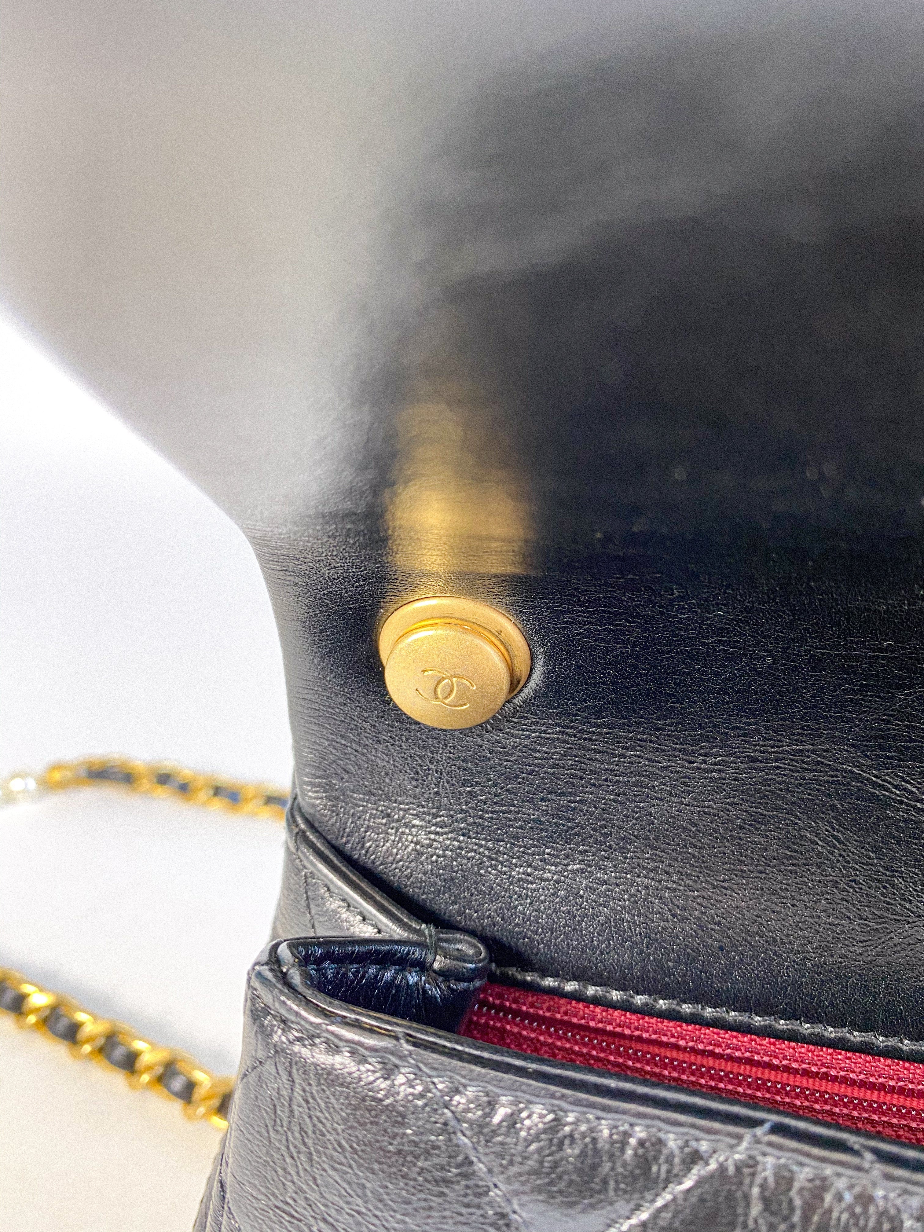 Chanel Seasonal Mini Flap Pearl CC and Chain in Black Calfskin and Aged Gold Hardware (Microchip)