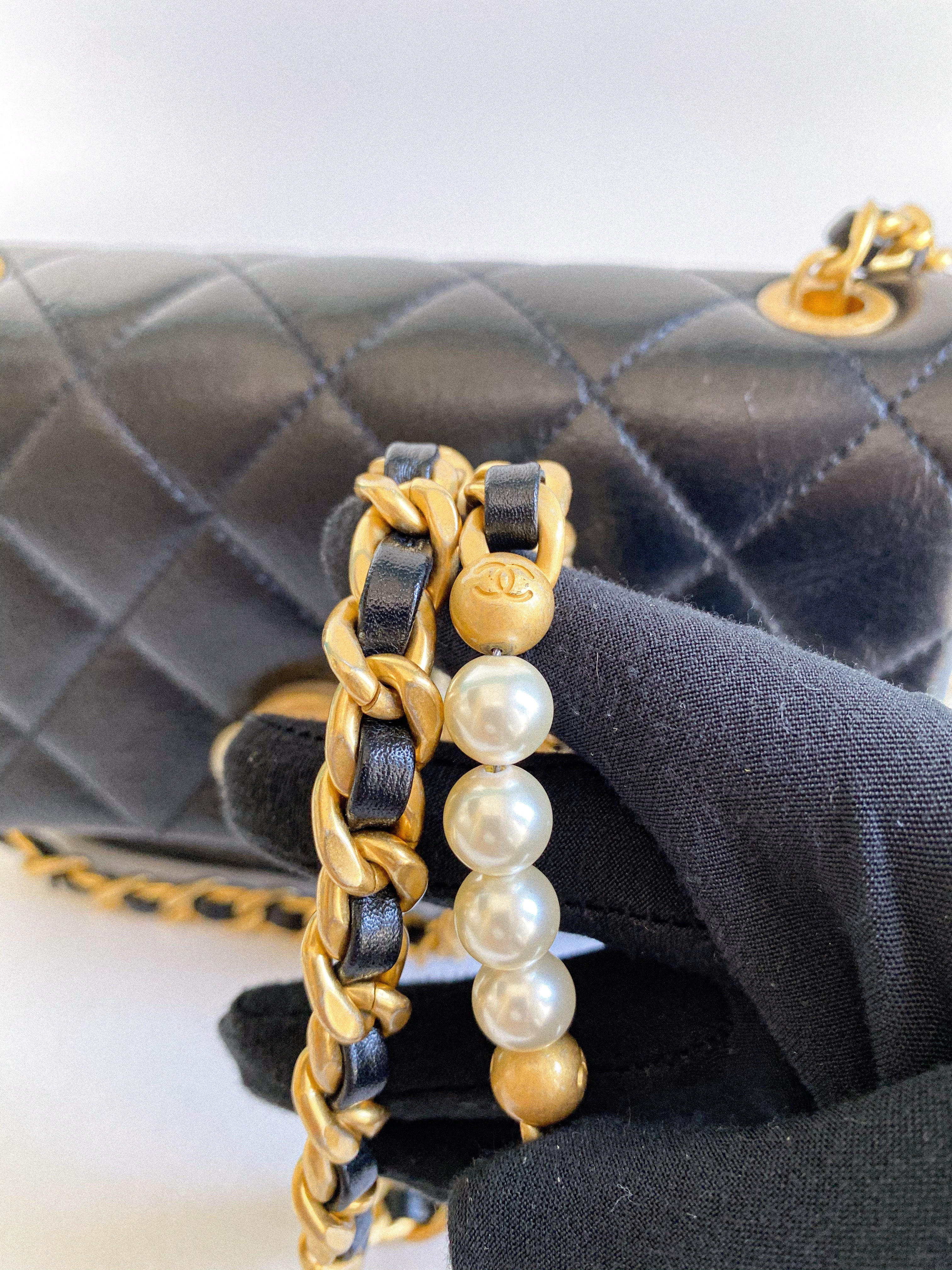 Chanel Seasonal Mini Flap Pearl CC and Chain in Black Calfskin and Aged Gold Hardware (Microchip)