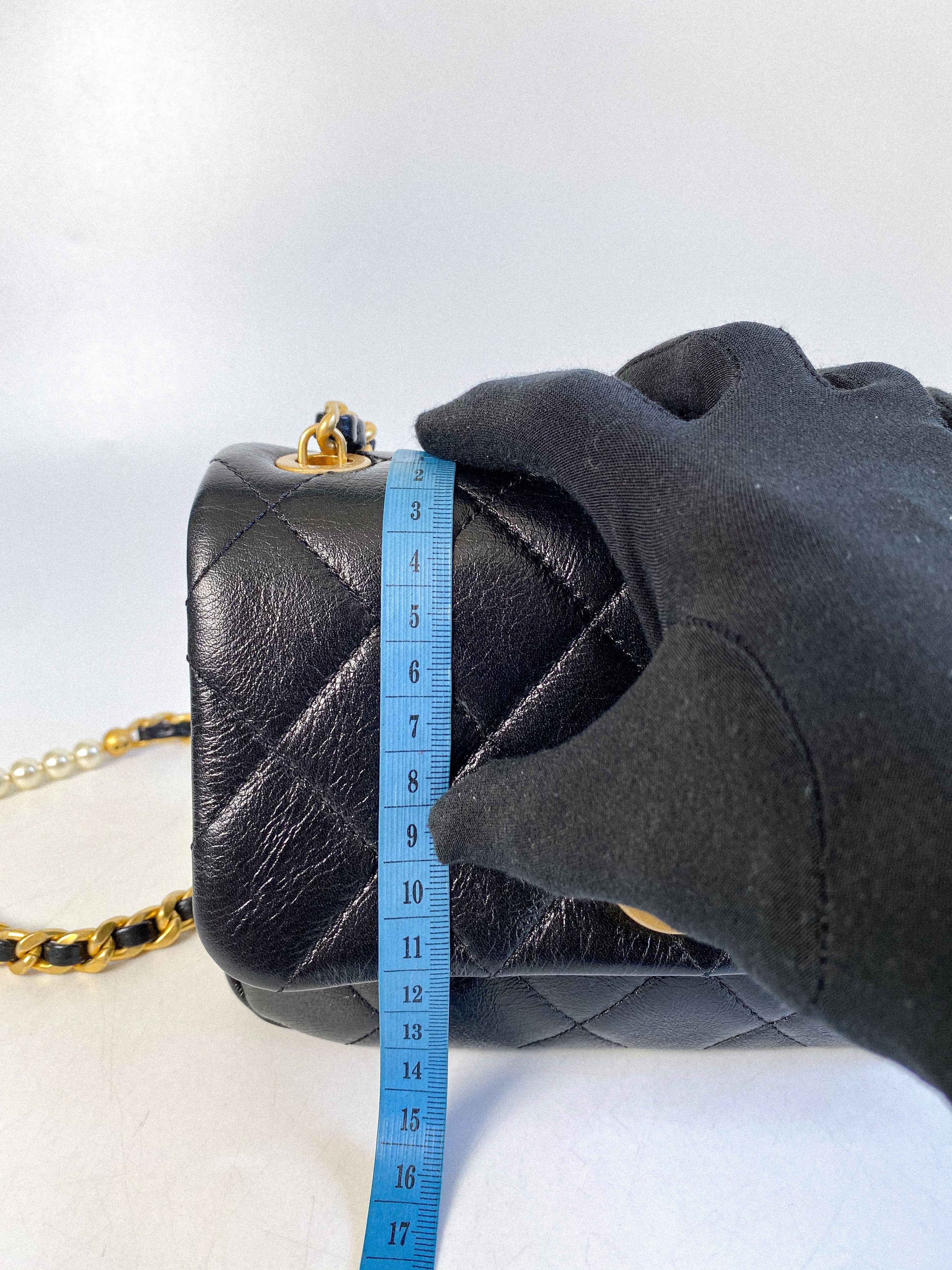 Chanel Seasonal Mini Flap Pearl CC and Chain in Black Calfskin and Aged Gold Hardware (Microchip)