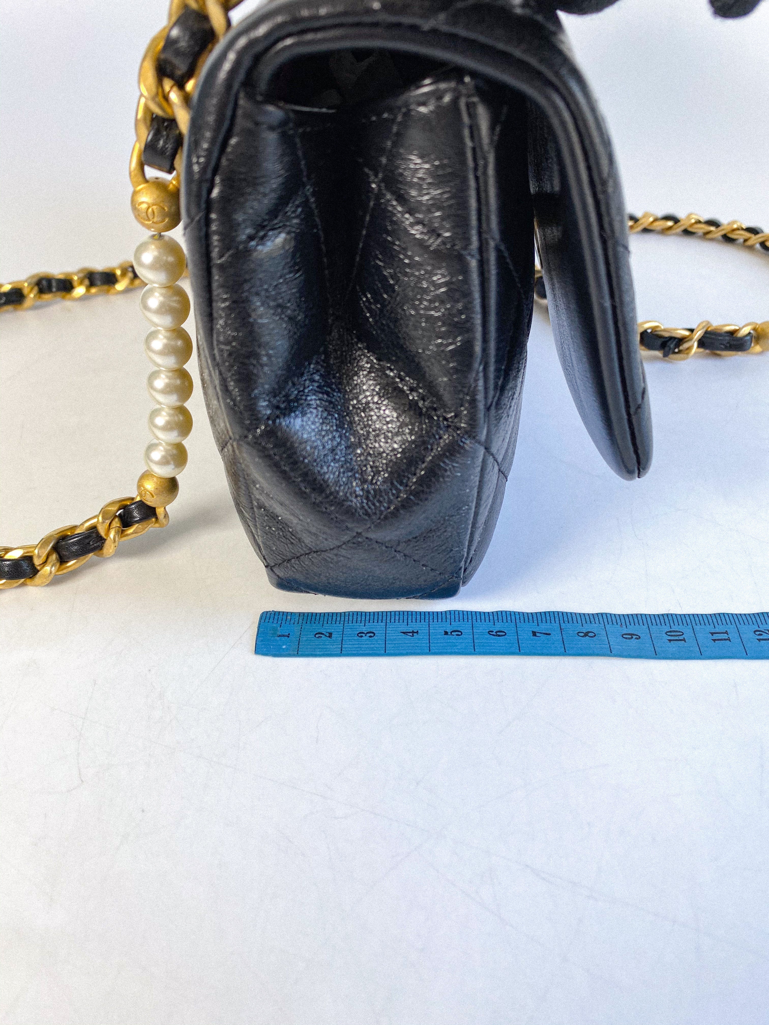 Chanel Seasonal Mini Flap Pearl CC and Chain in Black Calfskin and Aged Gold Hardware (Microchip)