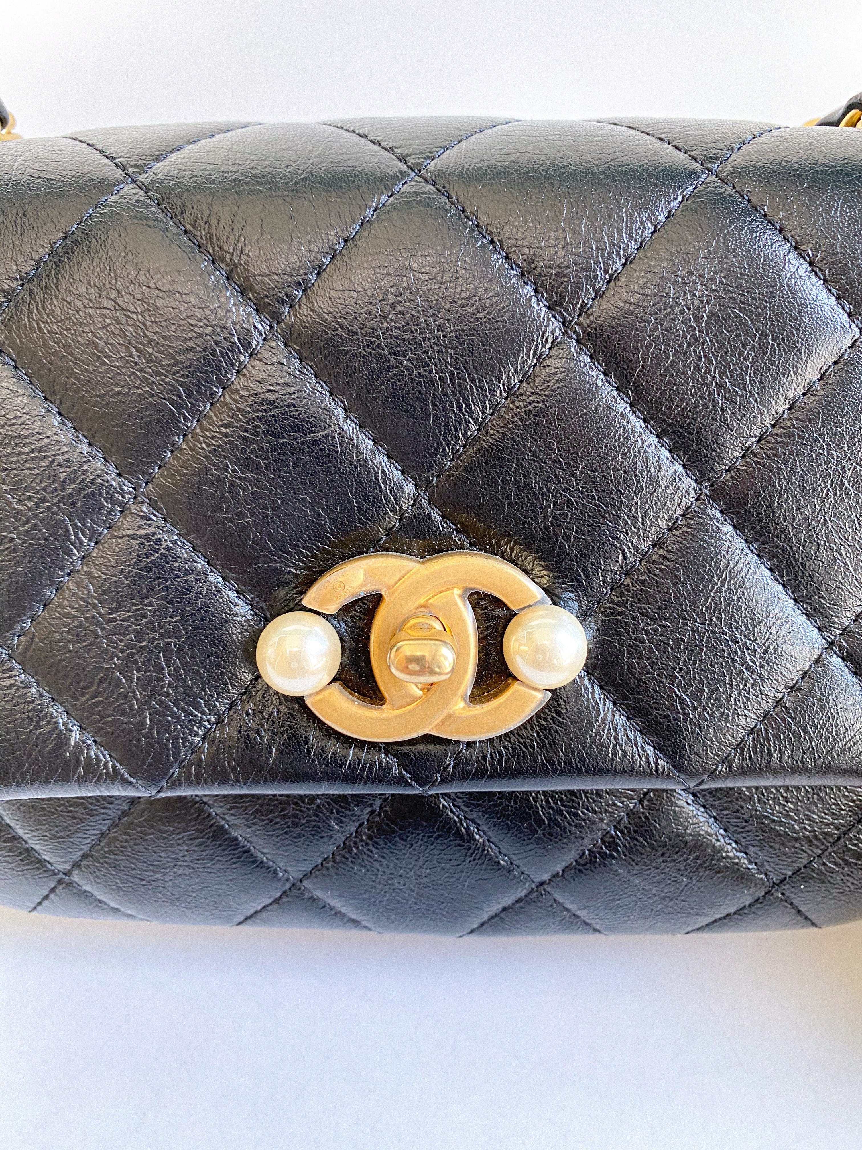 Chanel Seasonal Mini Flap Pearl CC and Chain in Black Calfskin and Aged Gold Hardware (Microchip)