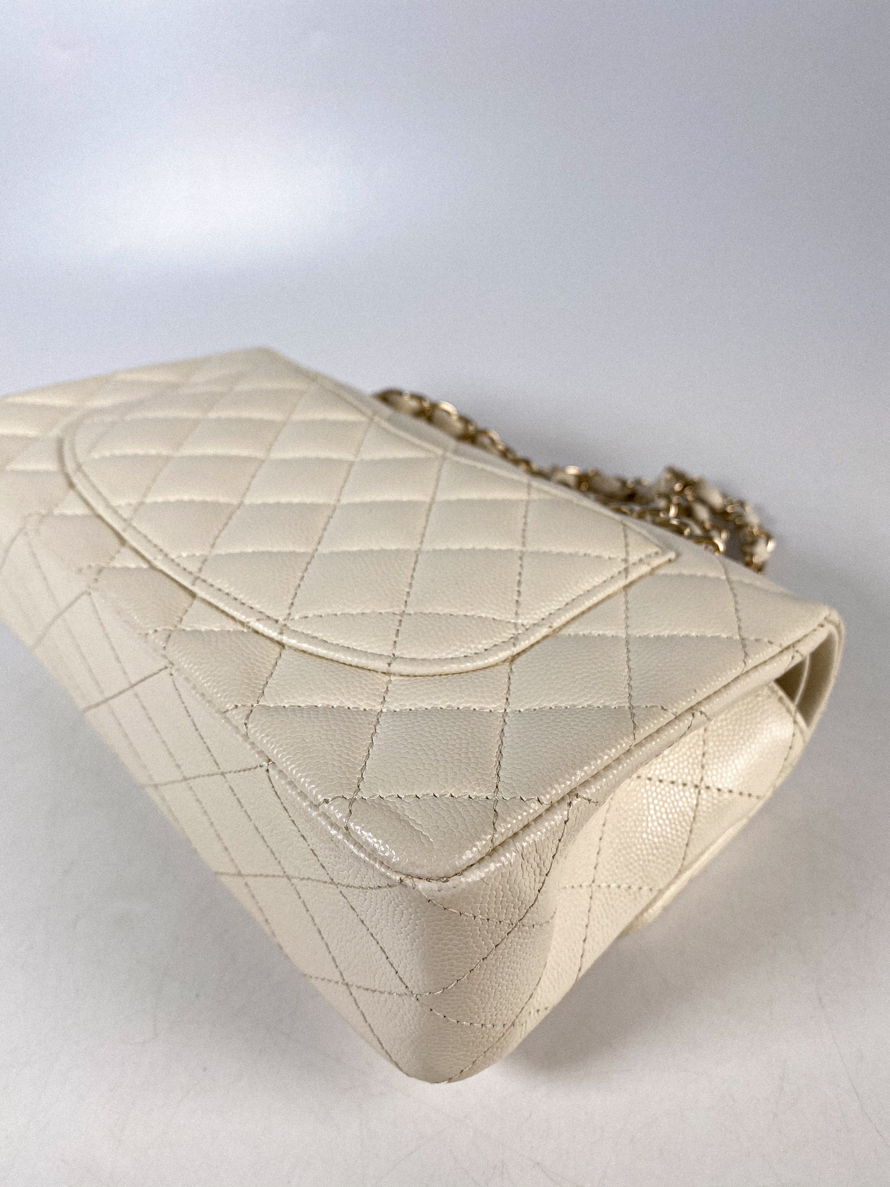 Chanel Small Classic Double Flap Off-White Caviar Leather and Light Gold Hardware (Microchip)