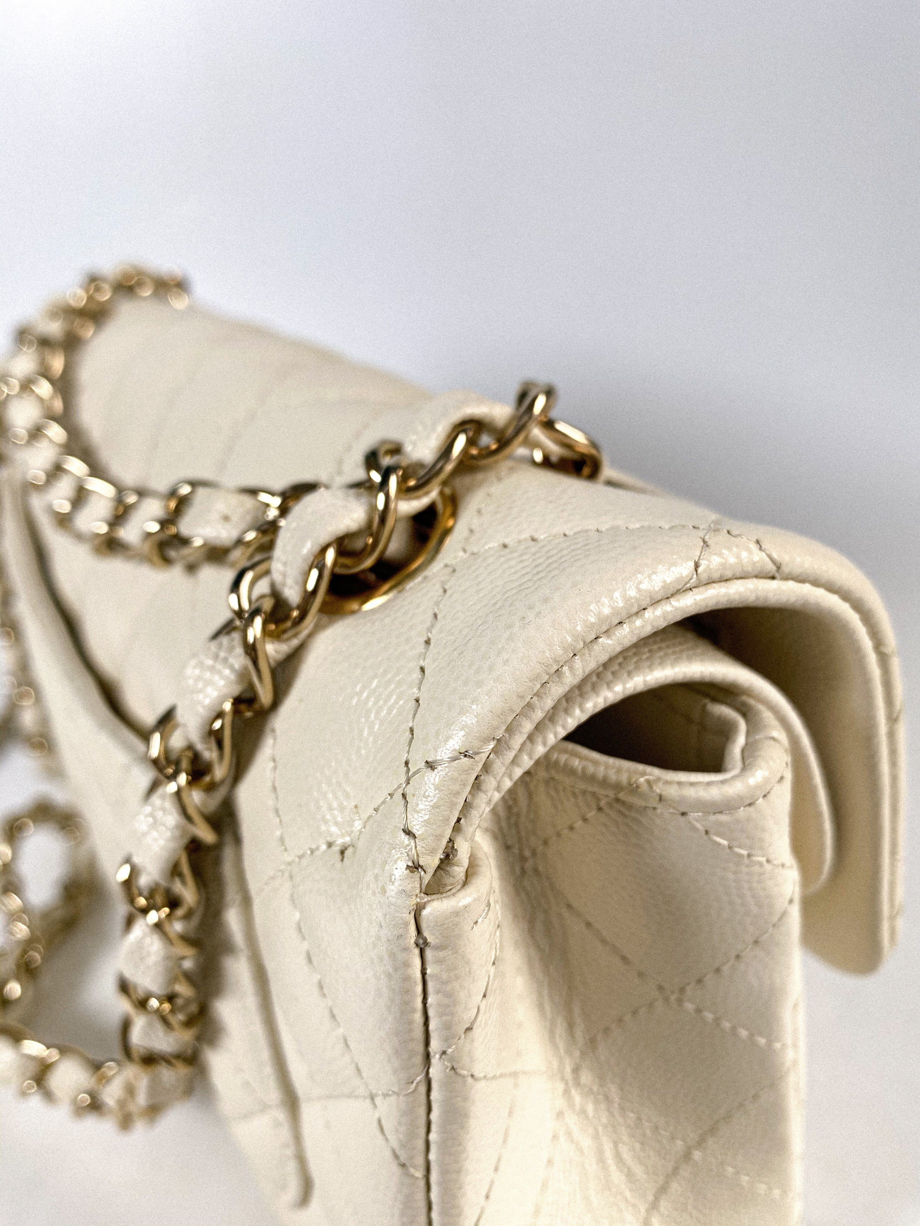 Chanel Small Classic Double Flap Off-White Caviar Leather and Light Gold Hardware (Microchip)