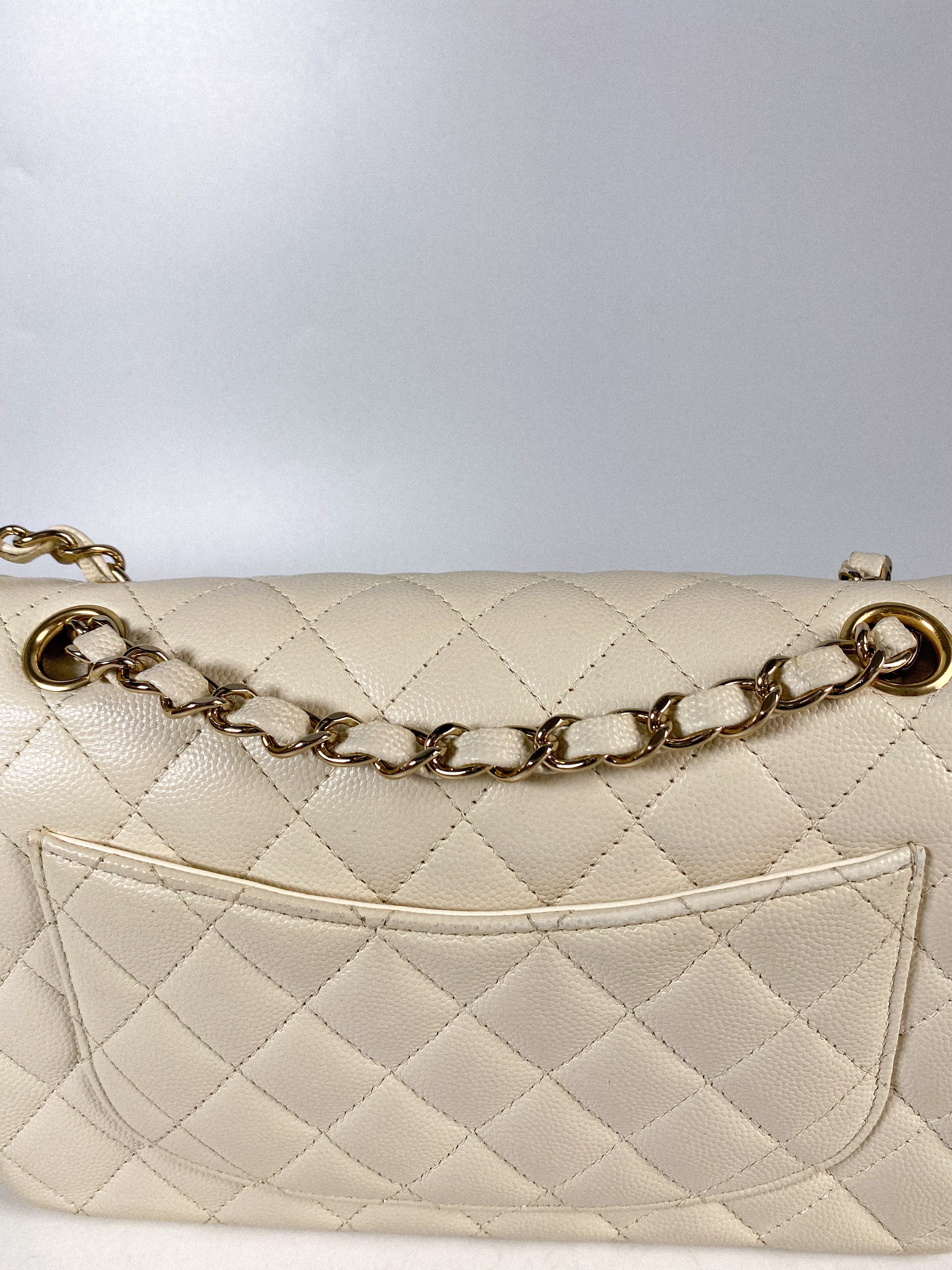 Chanel Small Classic Double Flap Off-White Caviar Leather and Light Gold Hardware (Microchip)