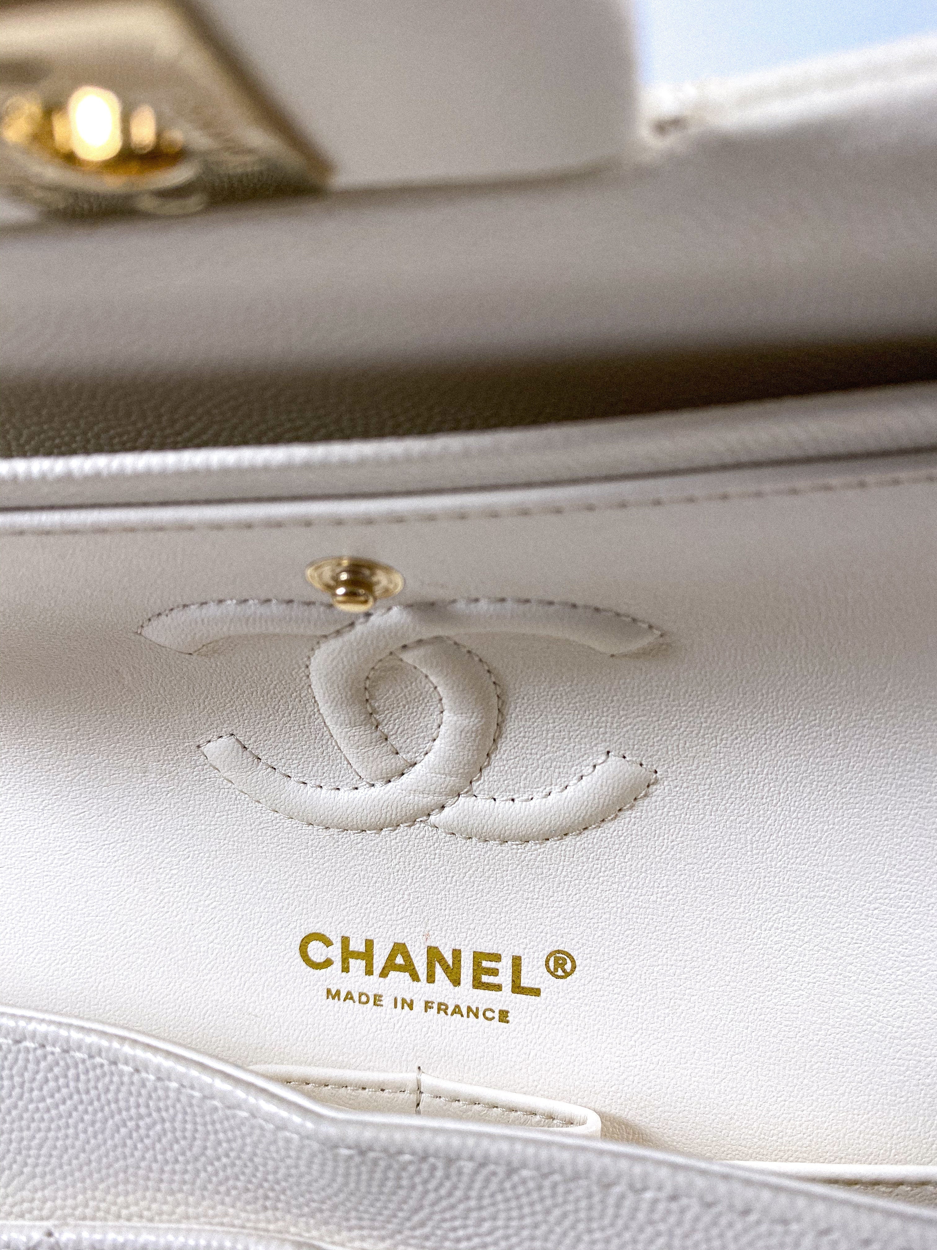 Chanel Small Classic Double Flap Off-White Caviar Leather and Light Gold Hardware (Microchip)
