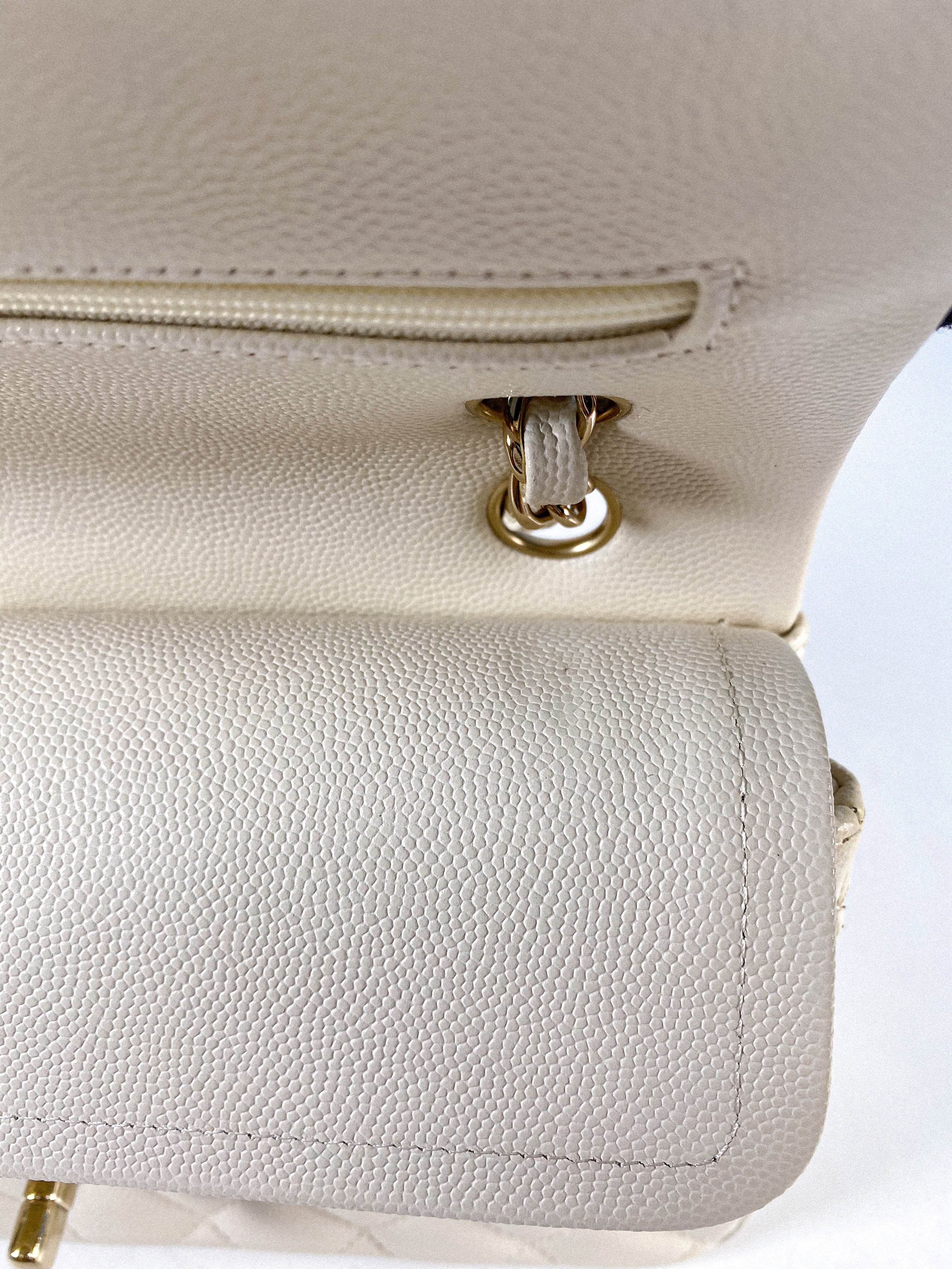 Chanel Small Classic Double Flap Off-White Caviar Leather and Light Gold Hardware (Microchip)