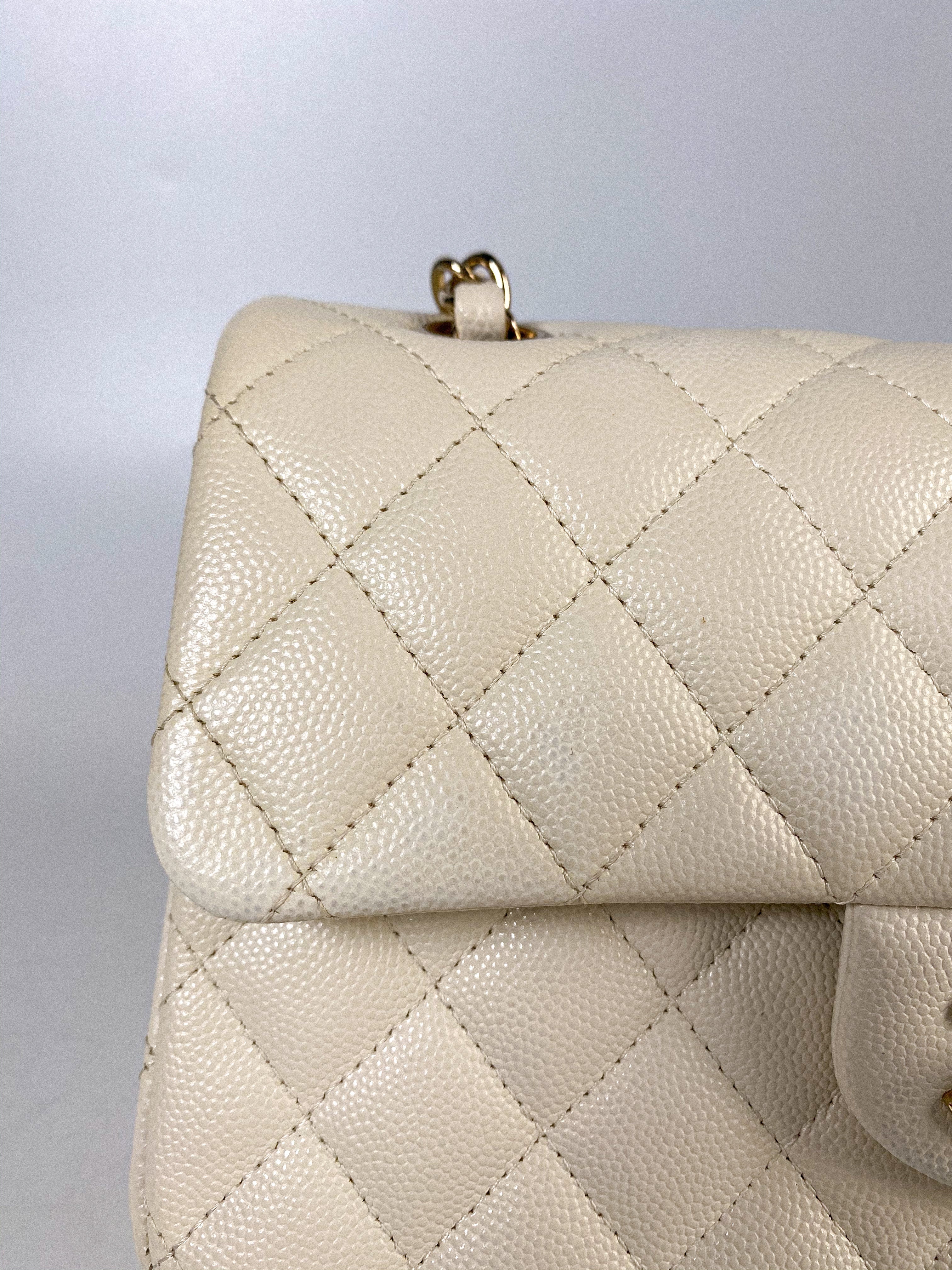 Chanel Small Classic Double Flap Off-White Caviar Leather and Light Gold Hardware (Microchip)