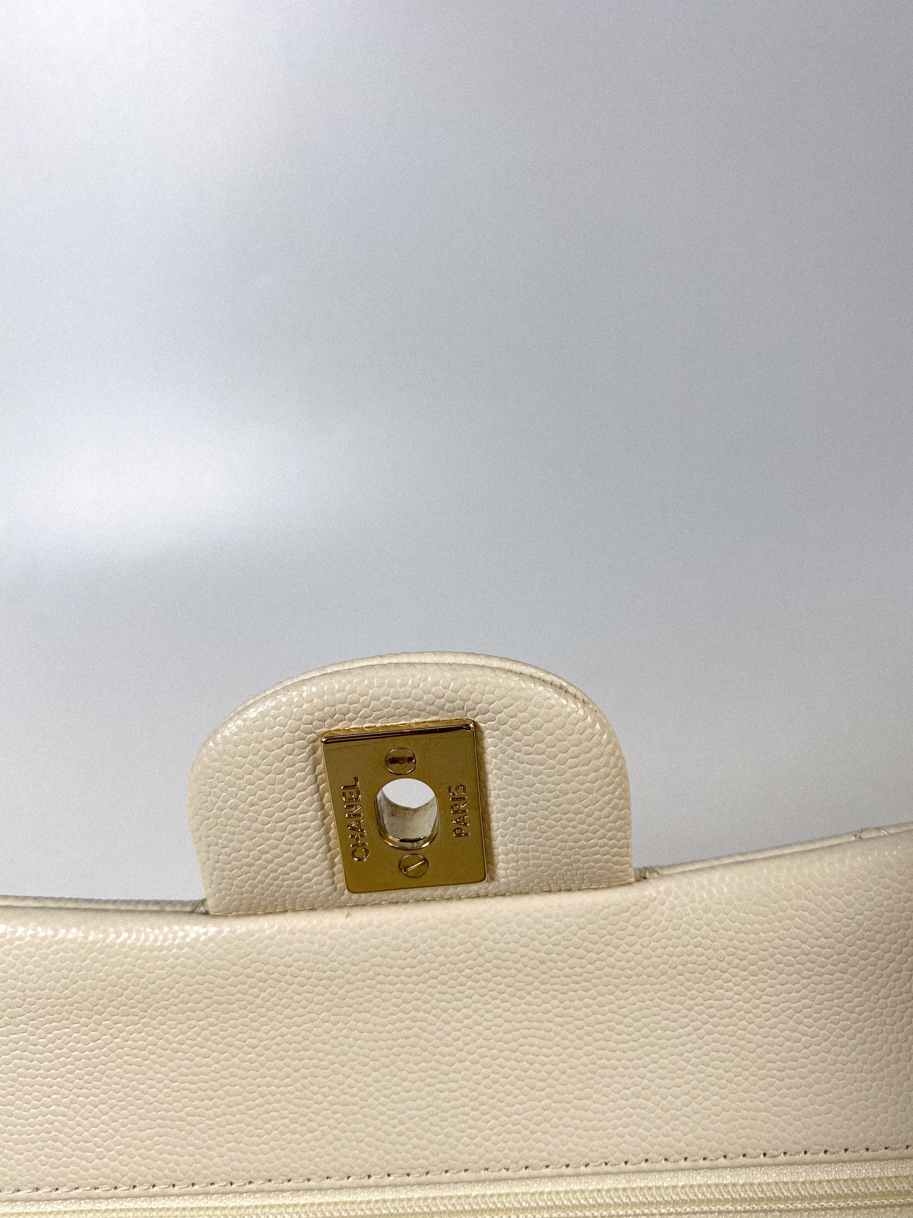 Chanel Small Classic Double Flap Off-White Caviar Leather and Light Gold Hardware (Microchip)