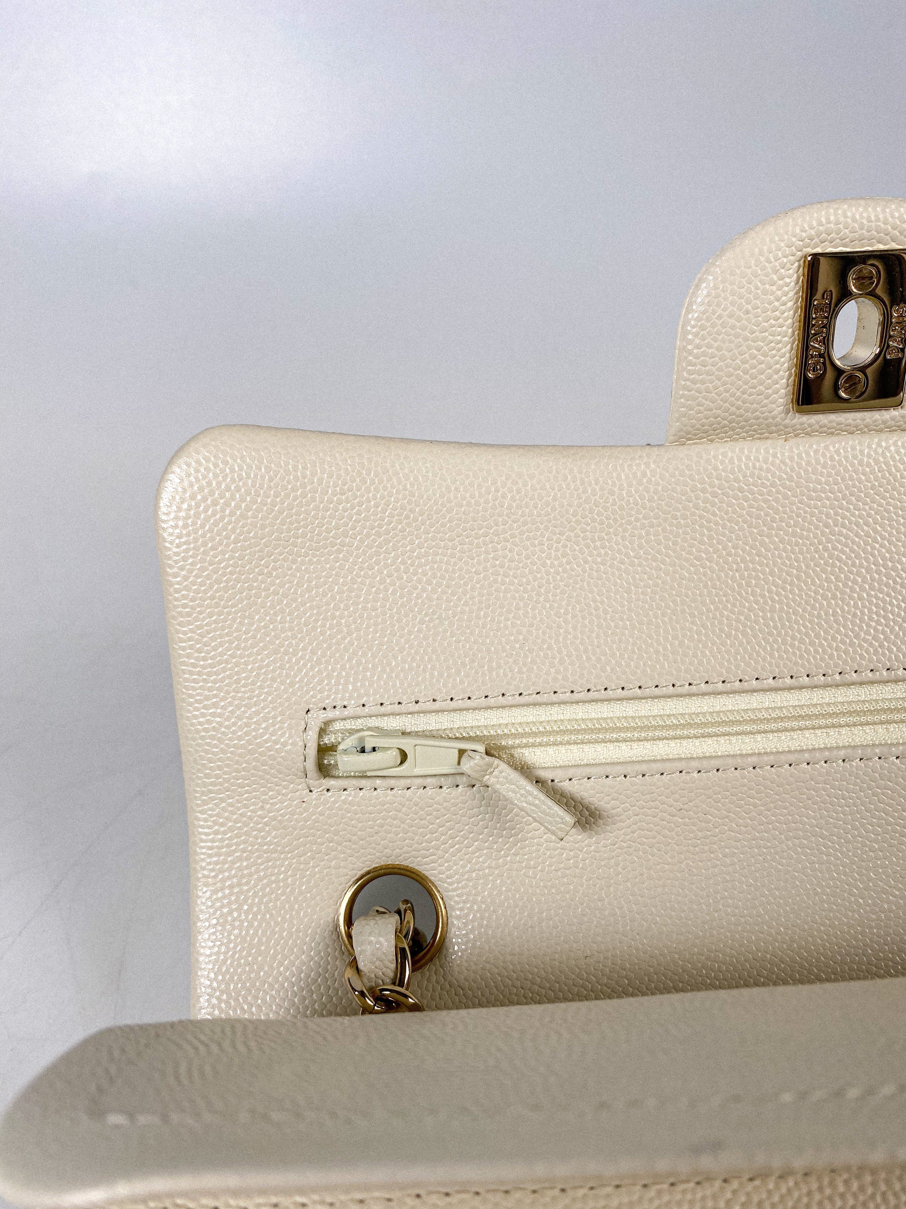 Chanel Small Classic Double Flap Off-White Caviar Leather and Light Gold Hardware (Microchip)