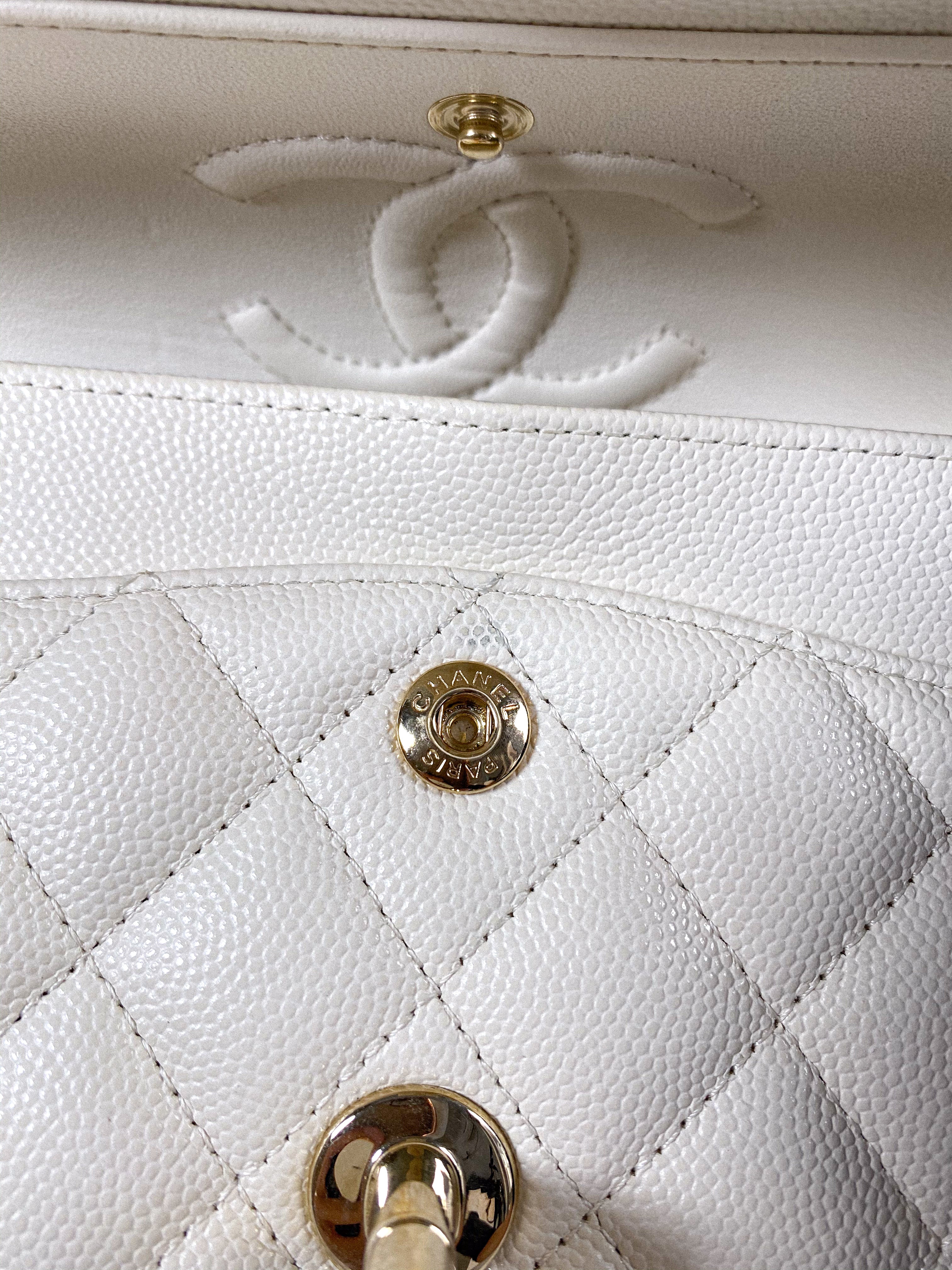Chanel Small Classic Double Flap Off-White Caviar Leather and Light Gold Hardware (Microchip)