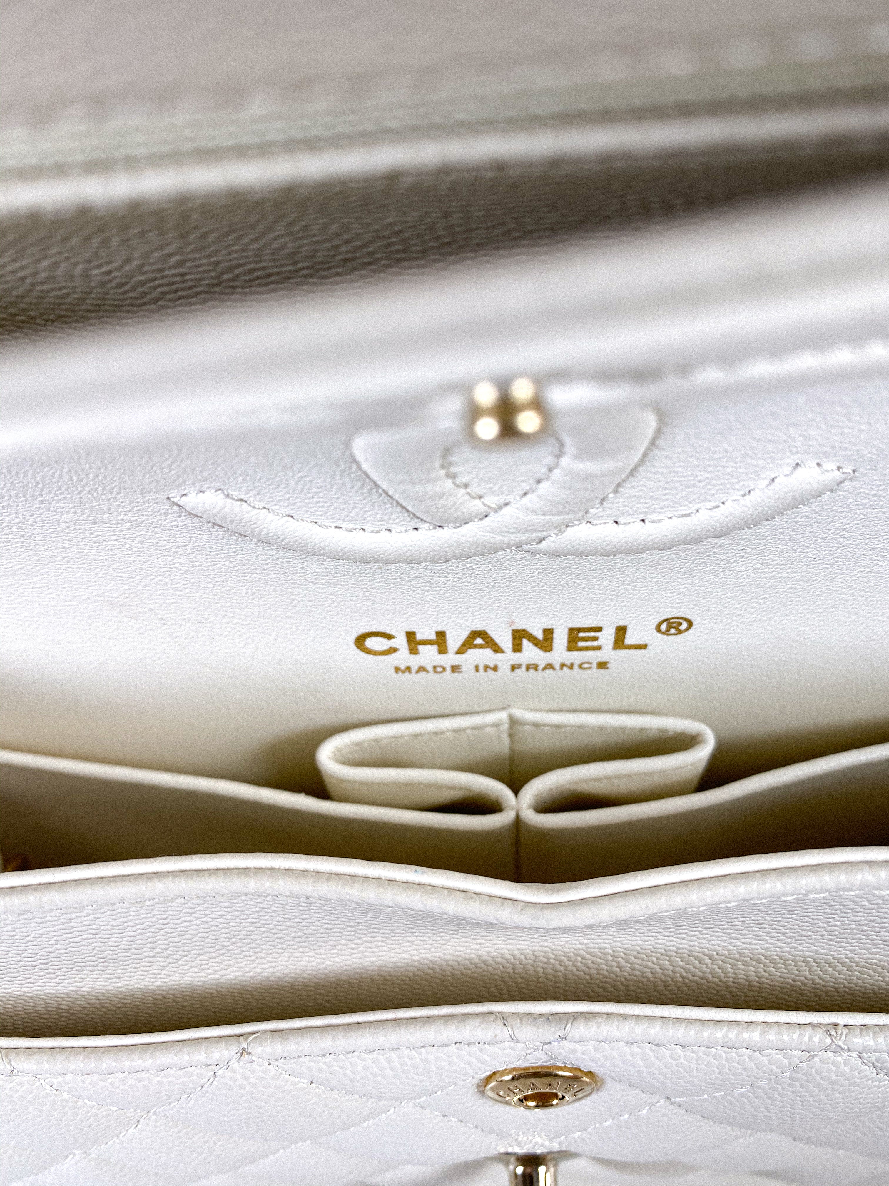 Chanel Small Classic Double Flap Off-White Caviar Leather and Light Gold Hardware (Microchip)