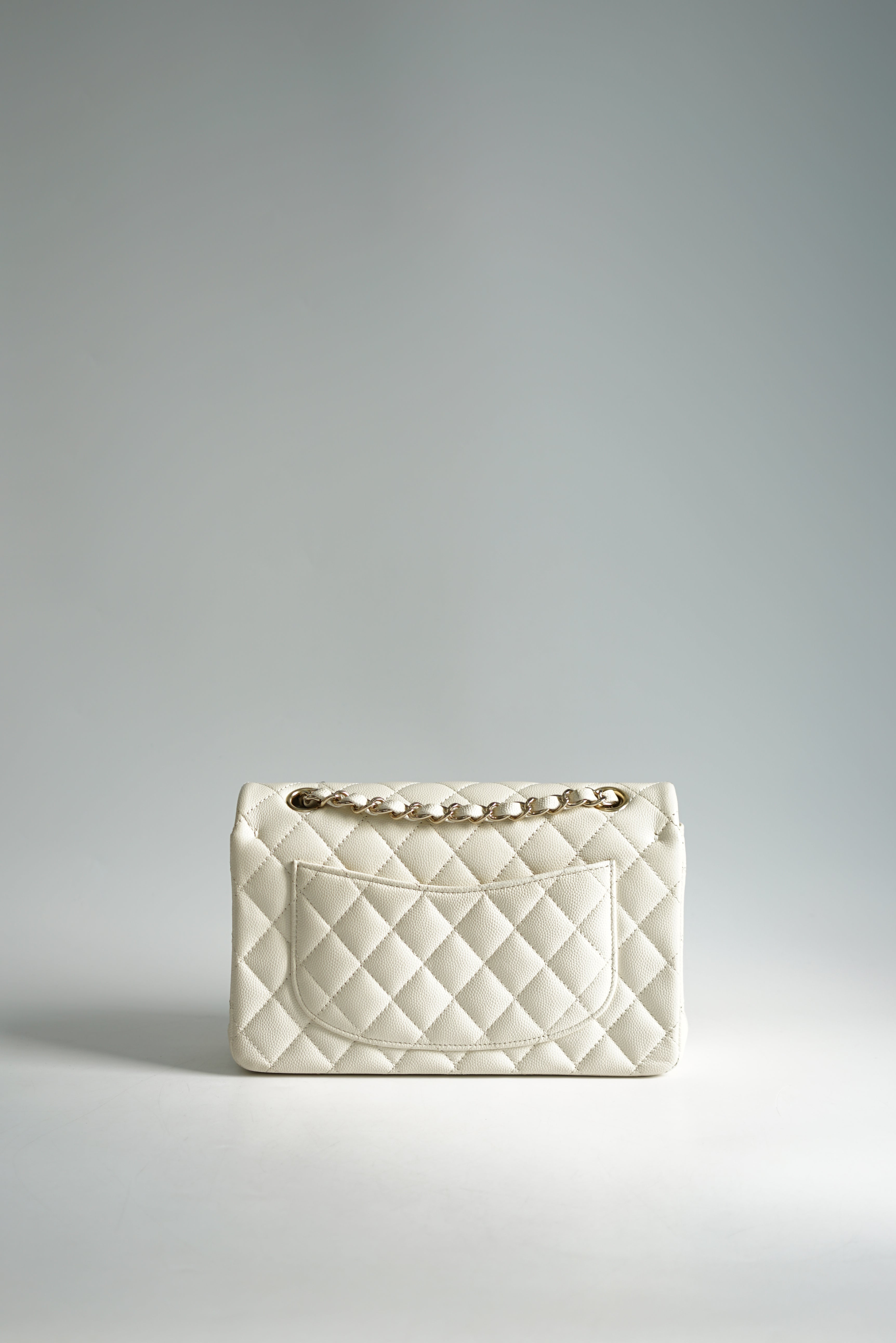 Chanel Small Classic Double Flap Off-White Caviar Leather and Light Gold Hardware (Microchip)