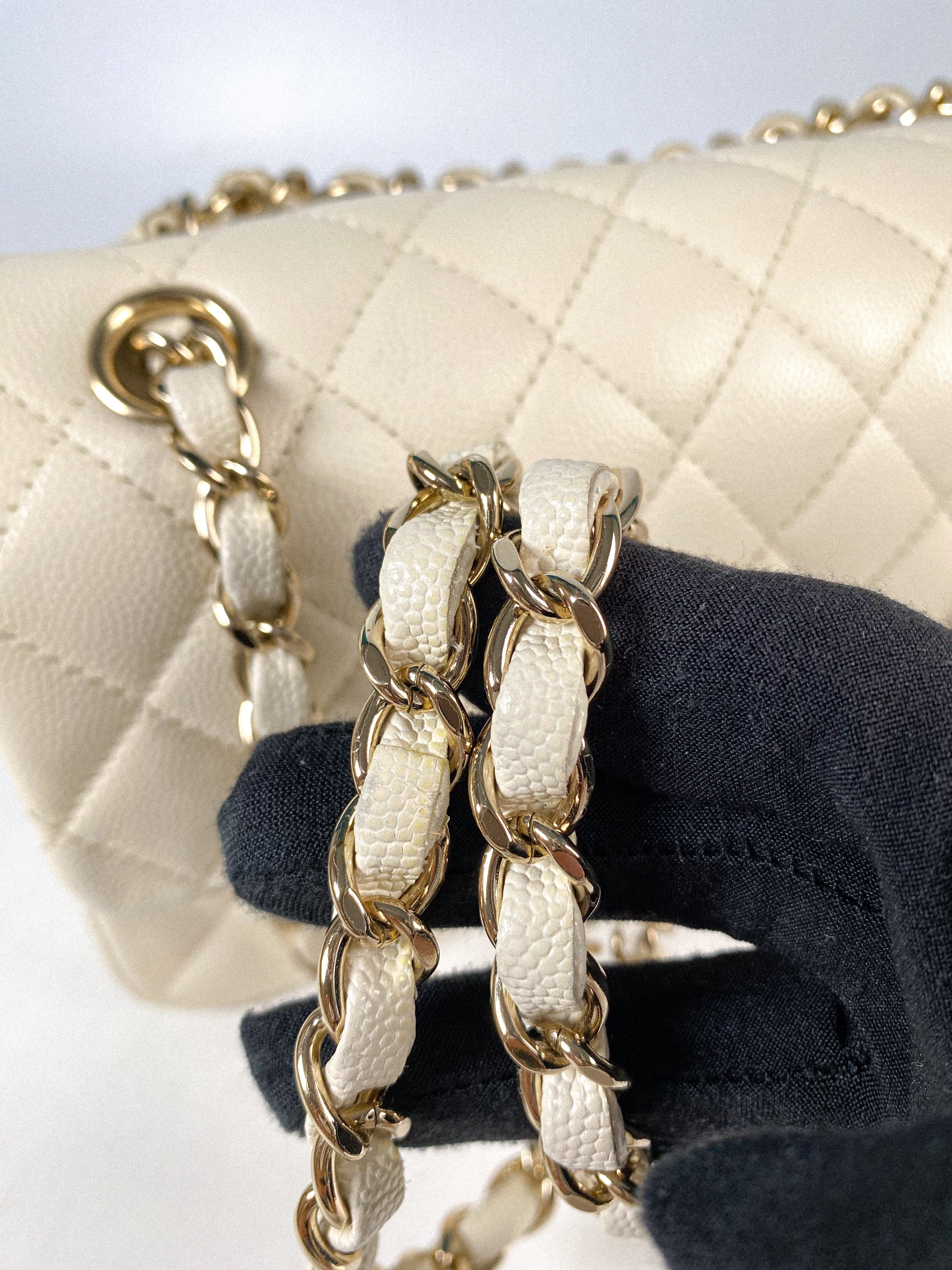 Chanel Small Classic Double Flap Off-White Caviar Leather and Light Gold Hardware (Microchip)