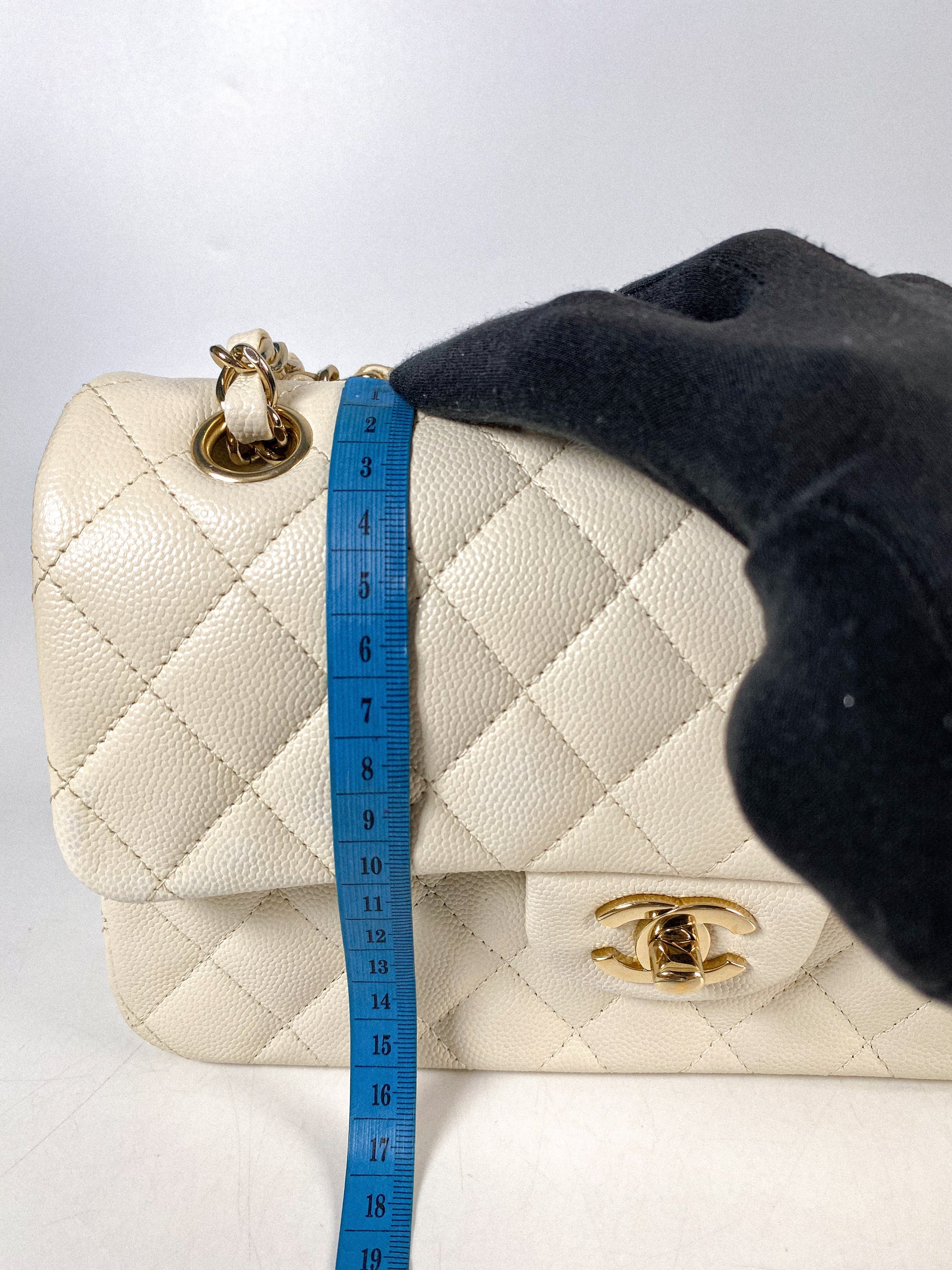 Chanel Small Classic Double Flap Off-White Caviar Leather and Light Gold Hardware (Microchip)