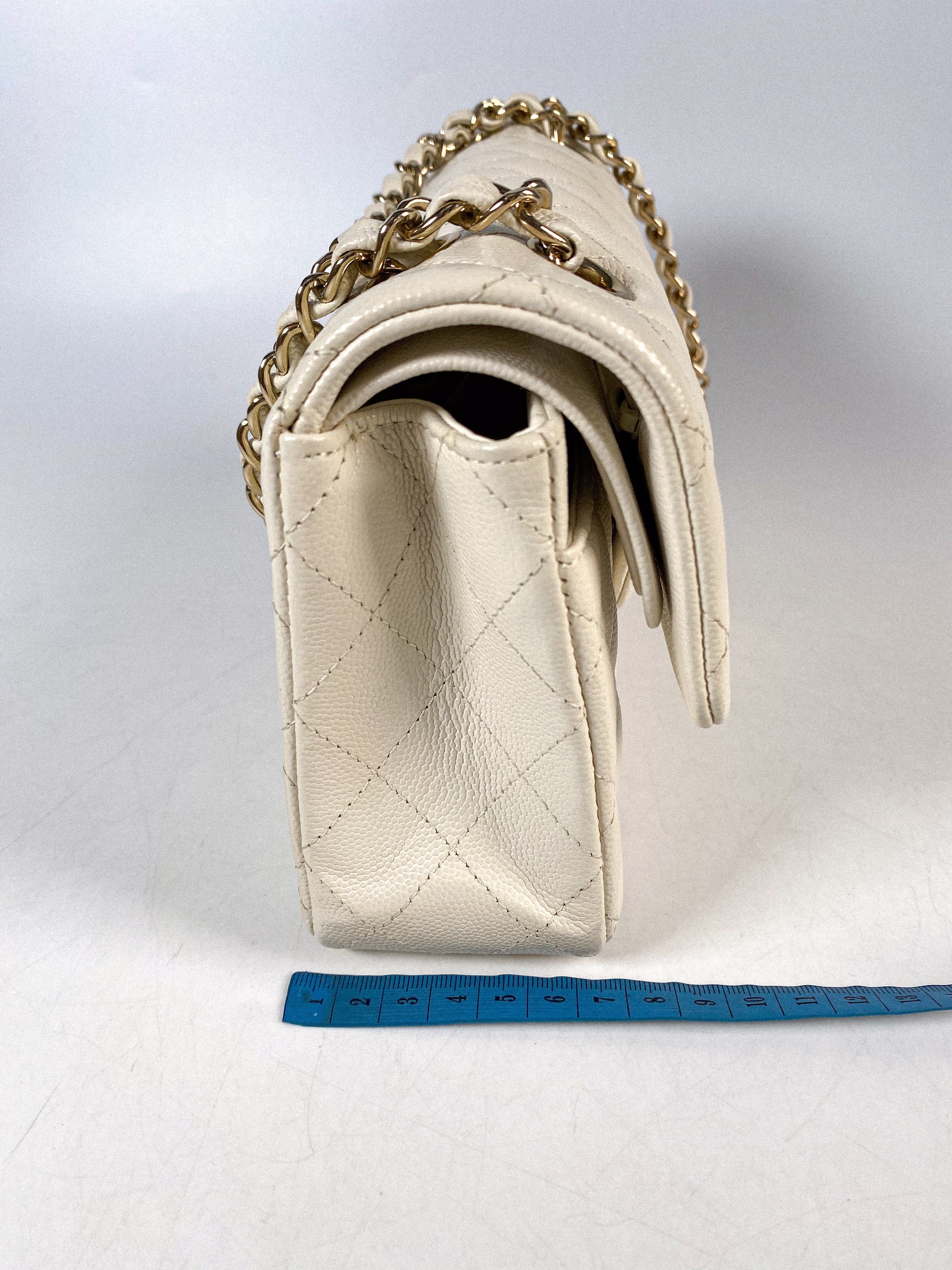 Chanel Small Classic Double Flap Off-White Caviar Leather and Light Gold Hardware (Microchip)