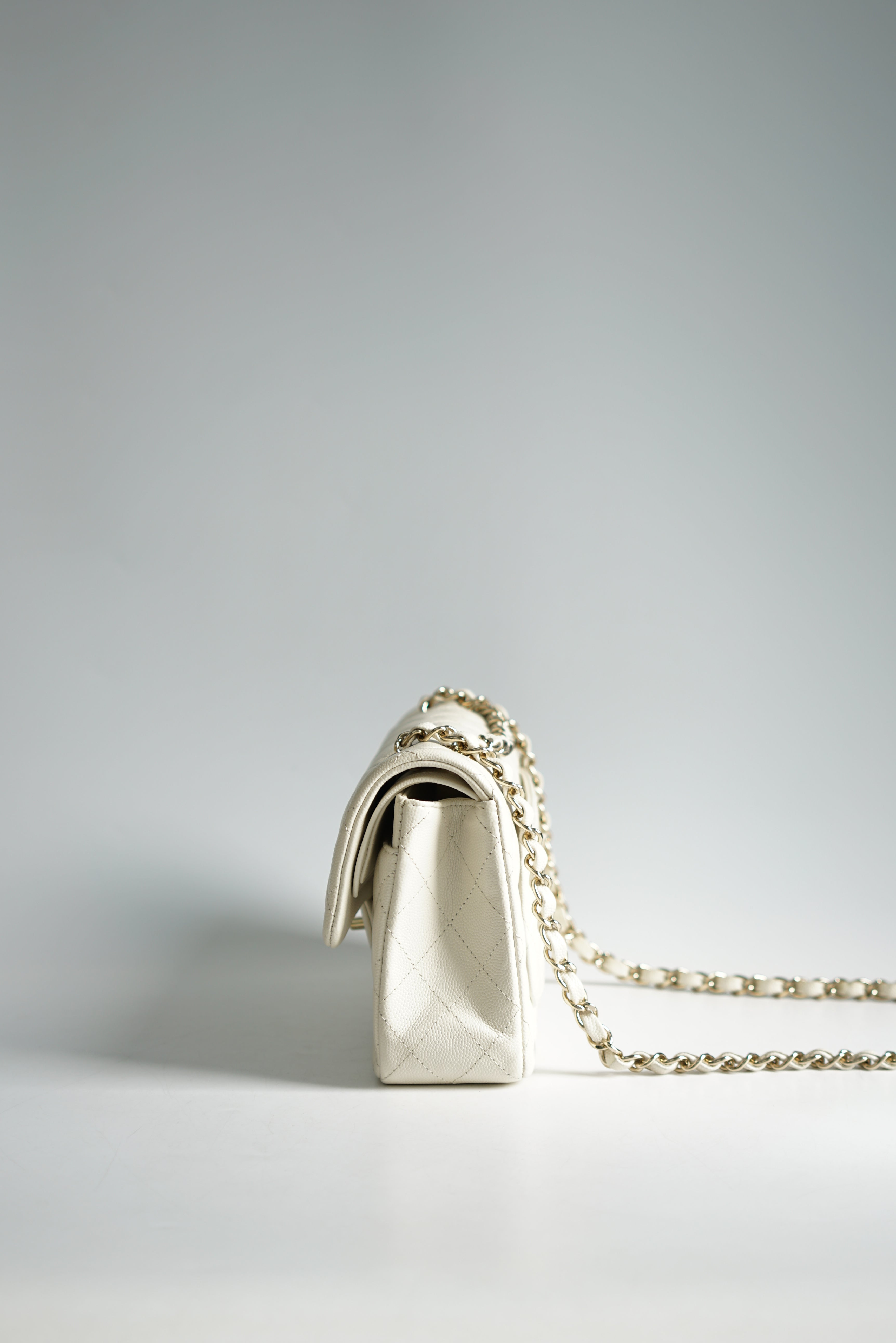 Chanel Small Classic Double Flap Off-White Caviar Leather and Light Gold Hardware (Microchip)