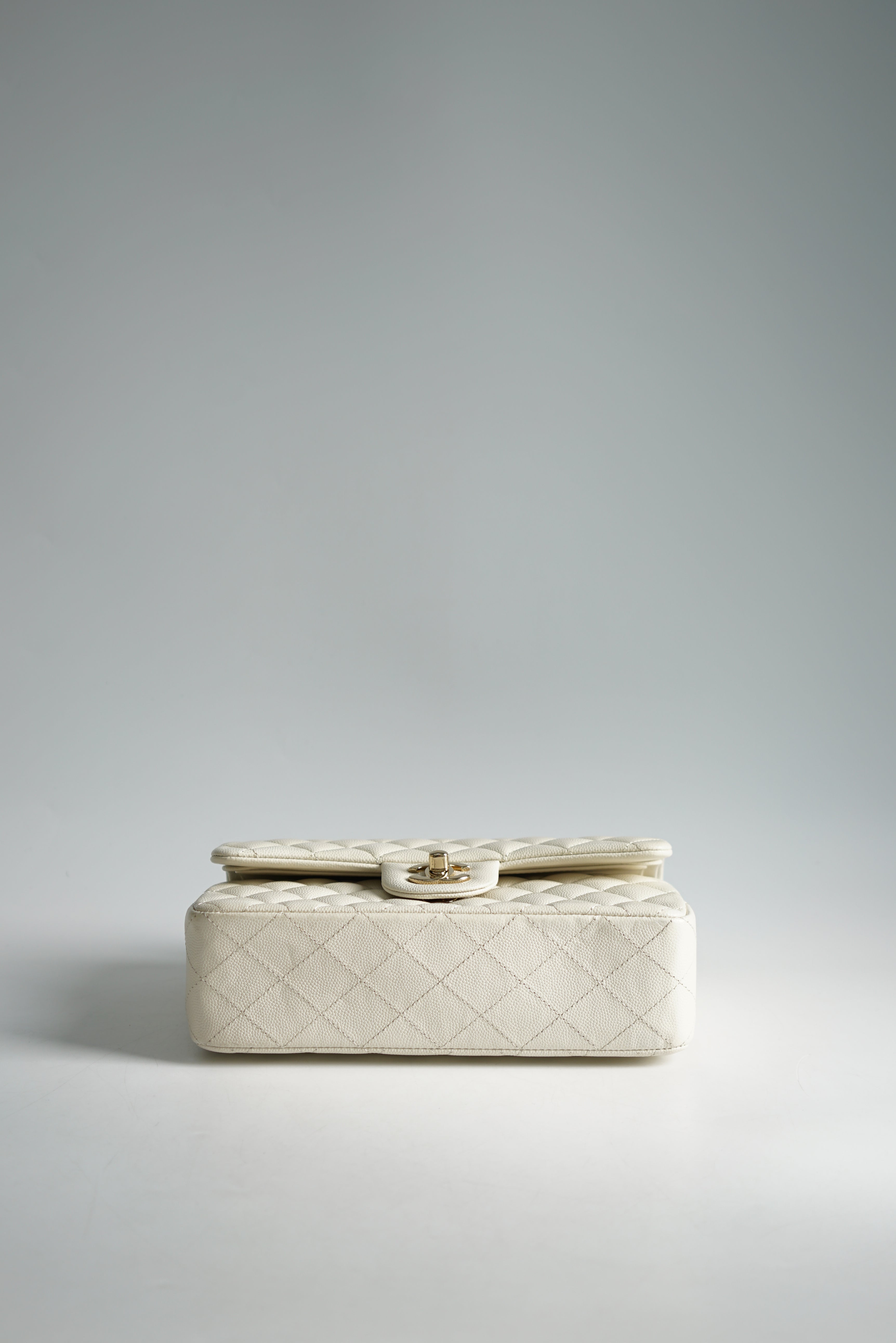 Chanel Small Classic Double Flap Off-White Caviar Leather and Light Gold Hardware (Microchip)