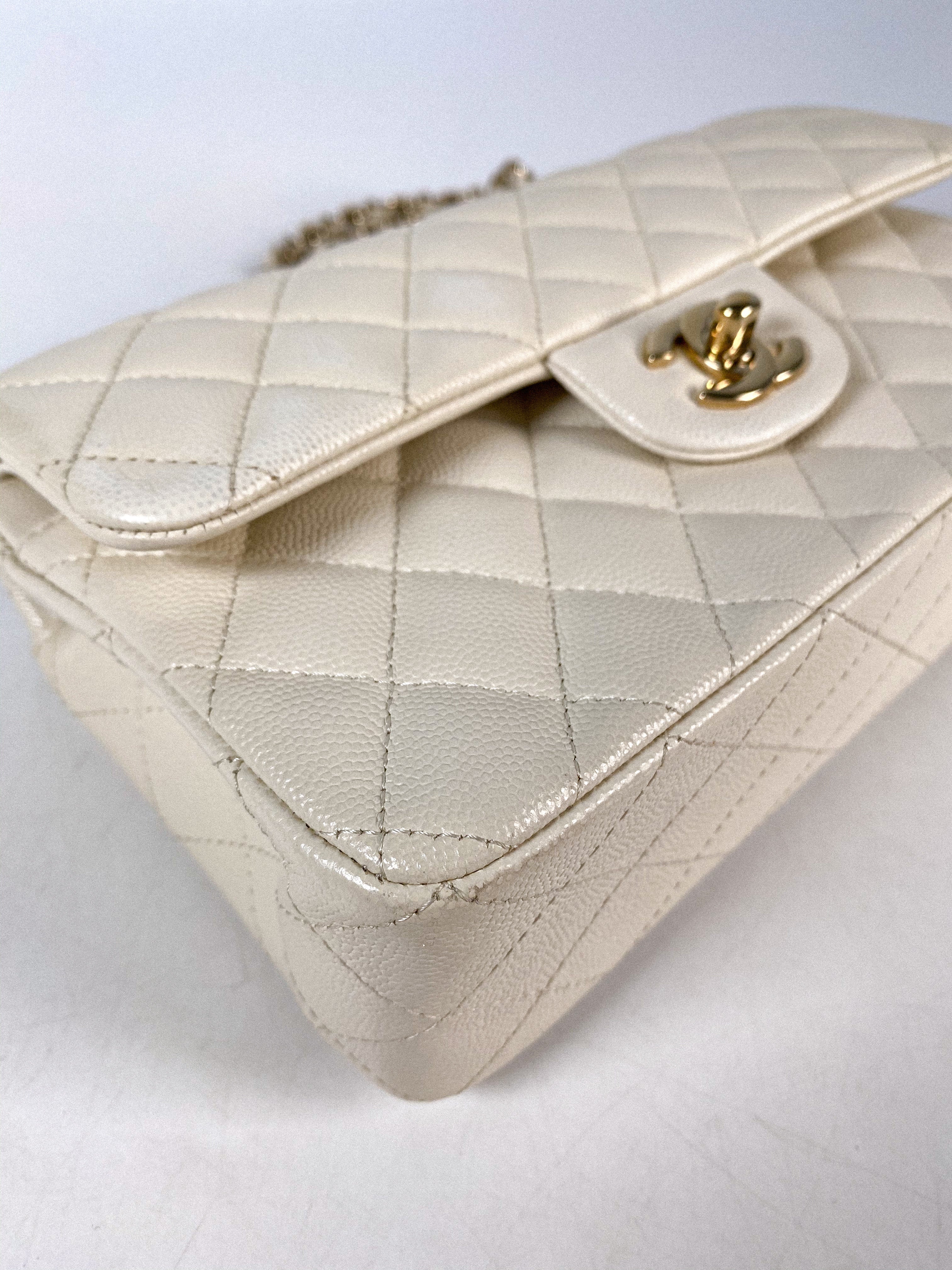 Chanel Small Classic Double Flap Off-White Caviar Leather and Light Gold Hardware (Microchip)