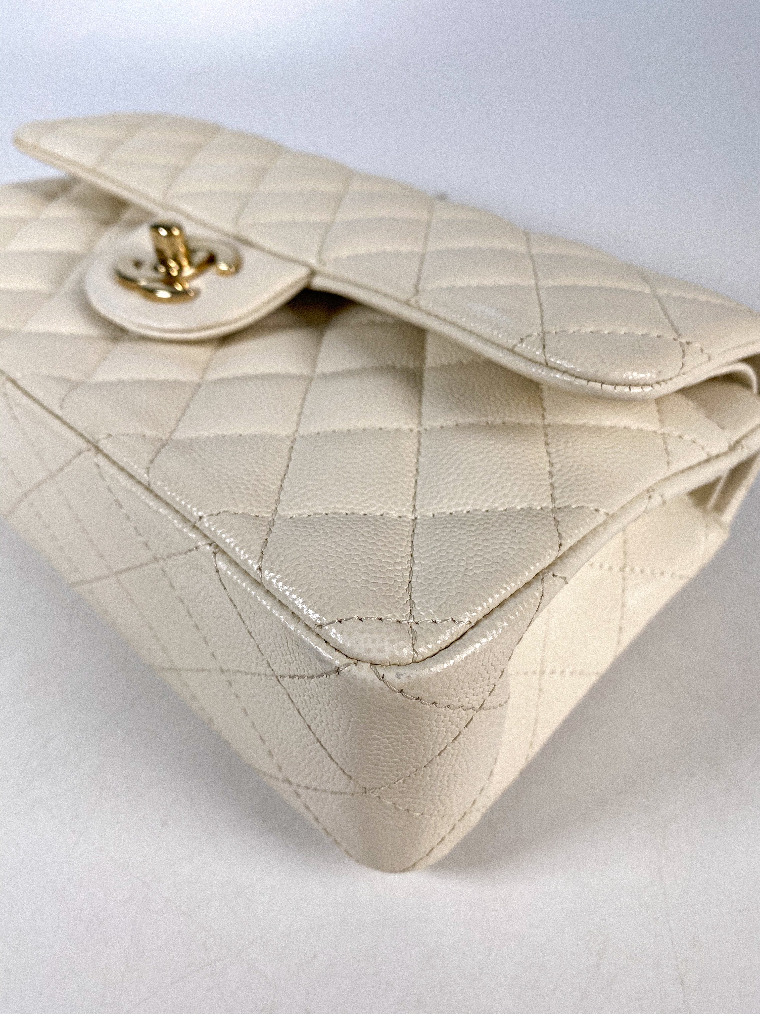 Chanel Small Classic Double Flap Off-White Caviar Leather and Light Gold Hardware (Microchip)