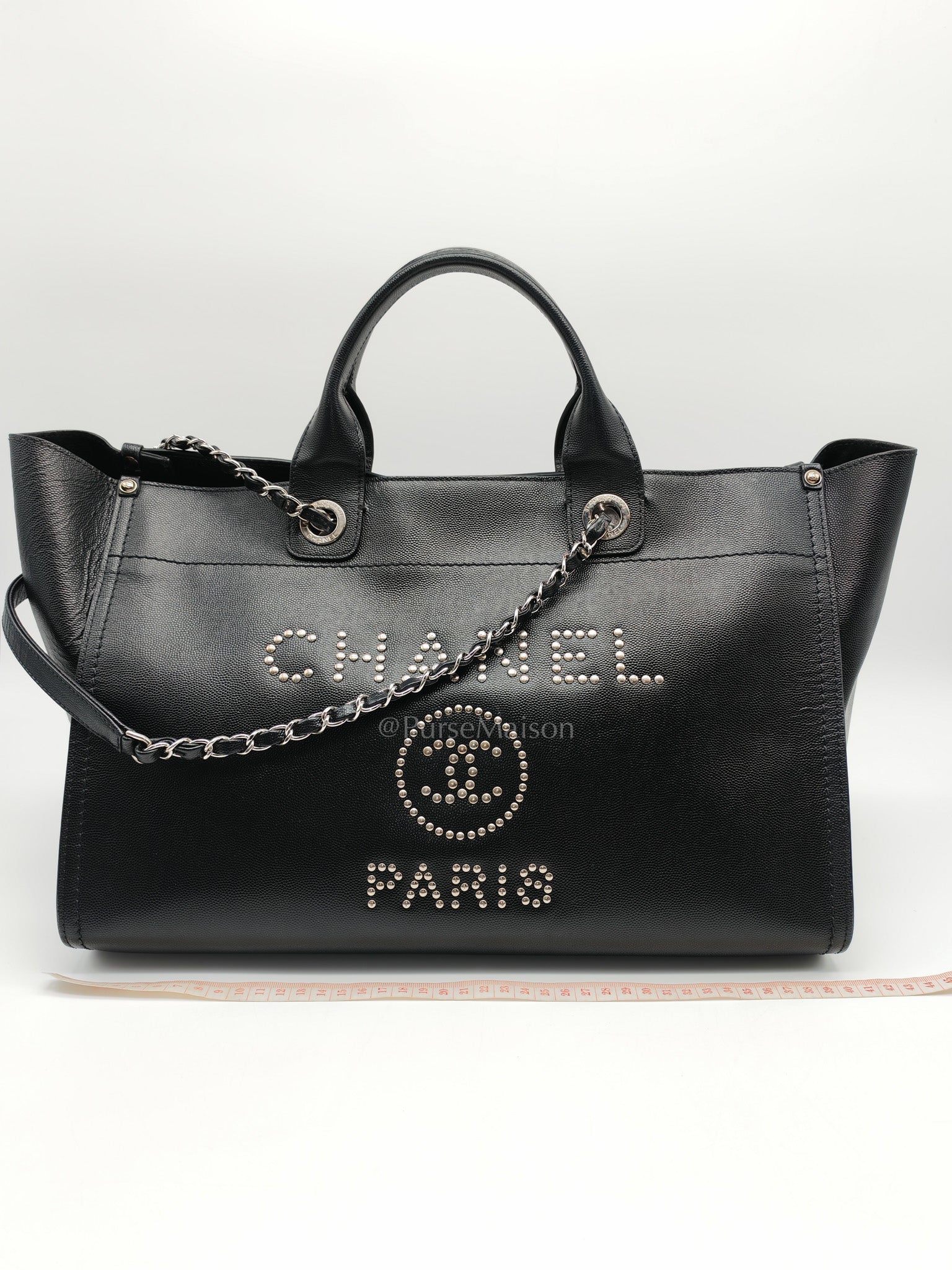 Chanel Studded Deauville Tote Bag Large in Black Caviar Leather Silver Hardware (Series 25) | Purse Maison Luxury Bags Shop