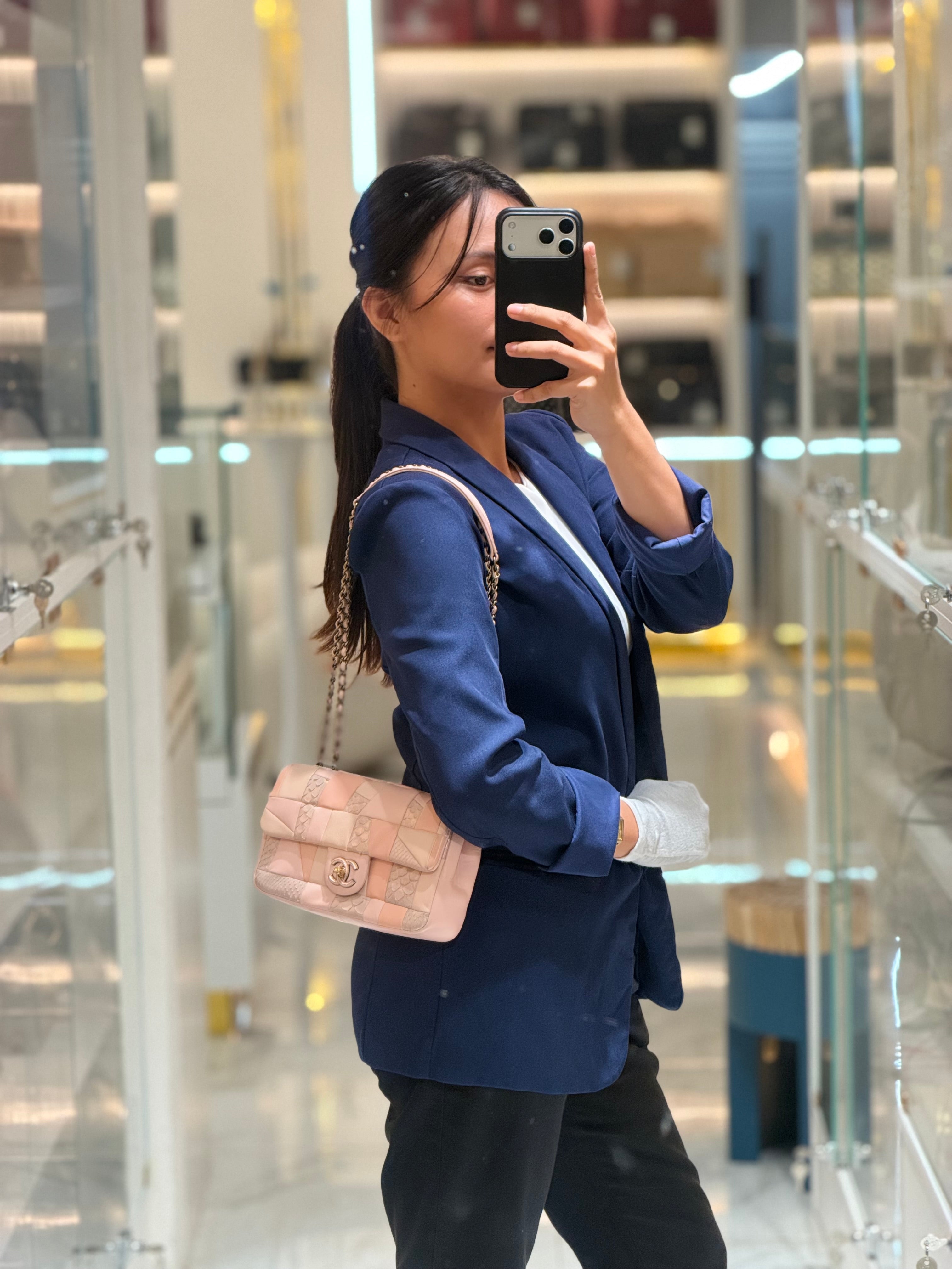 Chanel Timeless Patchwork Single Flap Bag Small in Multicolor Lambskin & Python Leather Aged Gold Hardware (Series 22) | Purse Maison Luxury Bags Shop