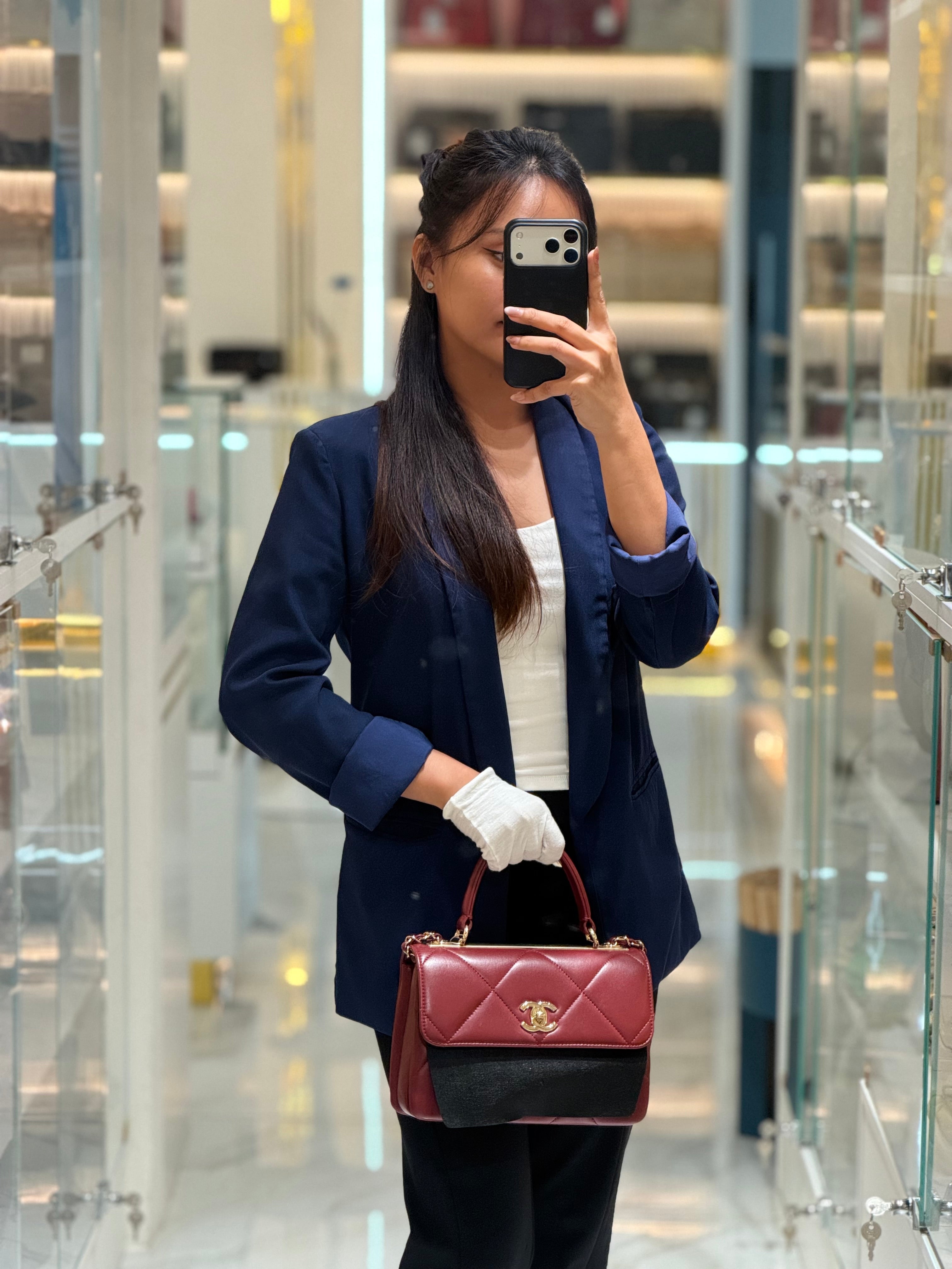 Chanel Trendy CC Top Handle Small in Burgundy Lambskin Leather Light Gold Hardware (Series 28) | Purse Maison Luxury Bags Shop