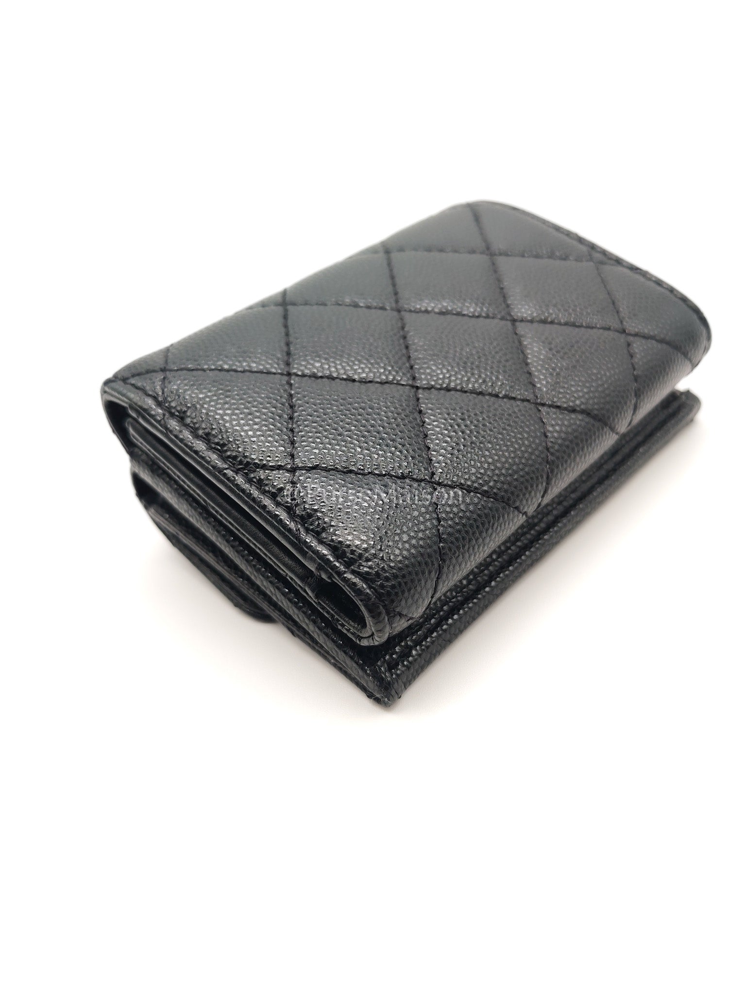 Chanel Tri-Fold Flap Wallet in Black Quilted Caviar Leather and Crystal Enamel CC Logo Microchip | Purse Maison Luxury Bags Shop