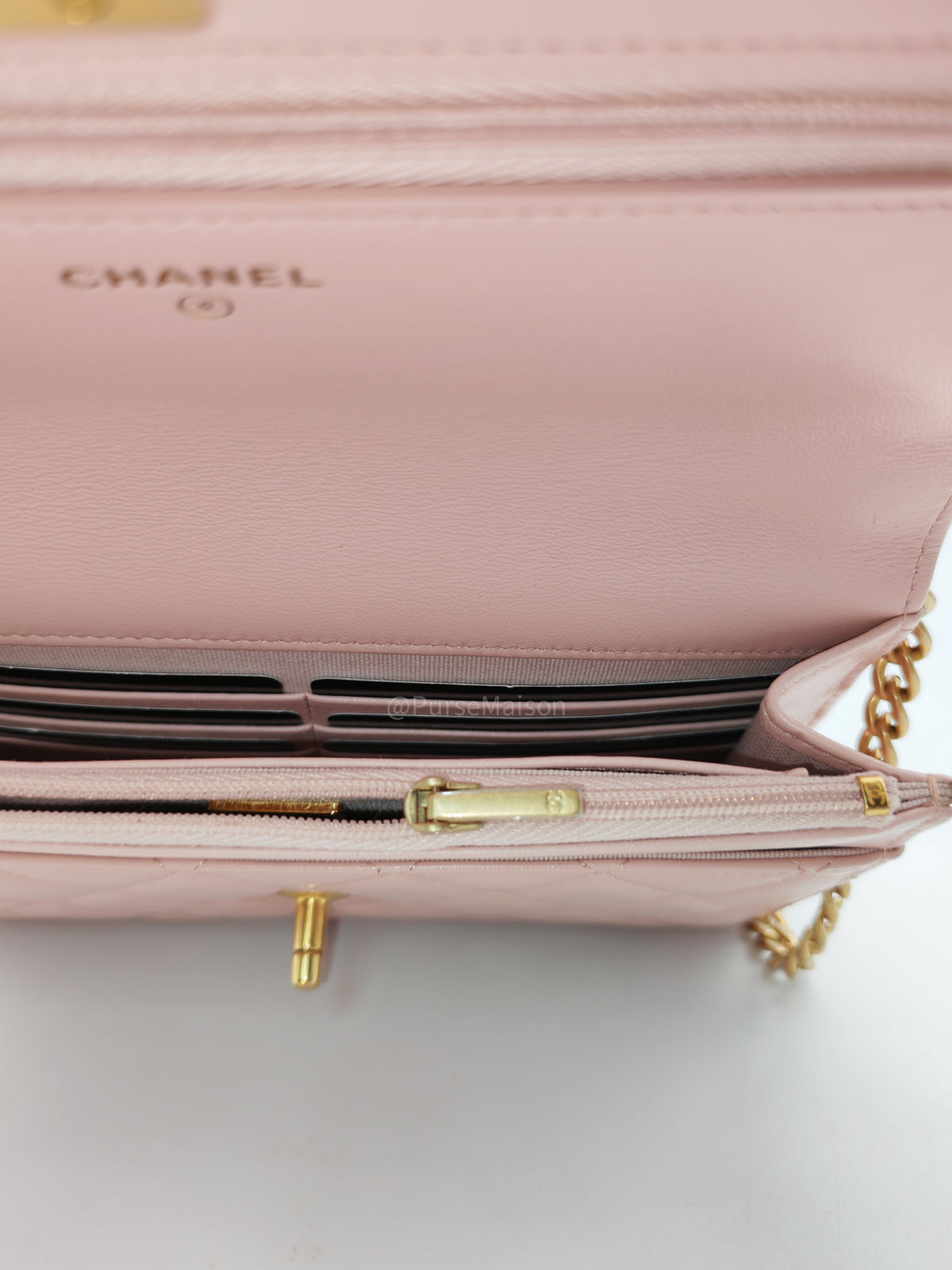 Chanel Turning Lock & Adjustable Chain Strap Wallet On Chain in Sakura Pink Lambskin Leather Aged Gold Hardware (Microchip) | Purse Maison Luxury Bags Shop