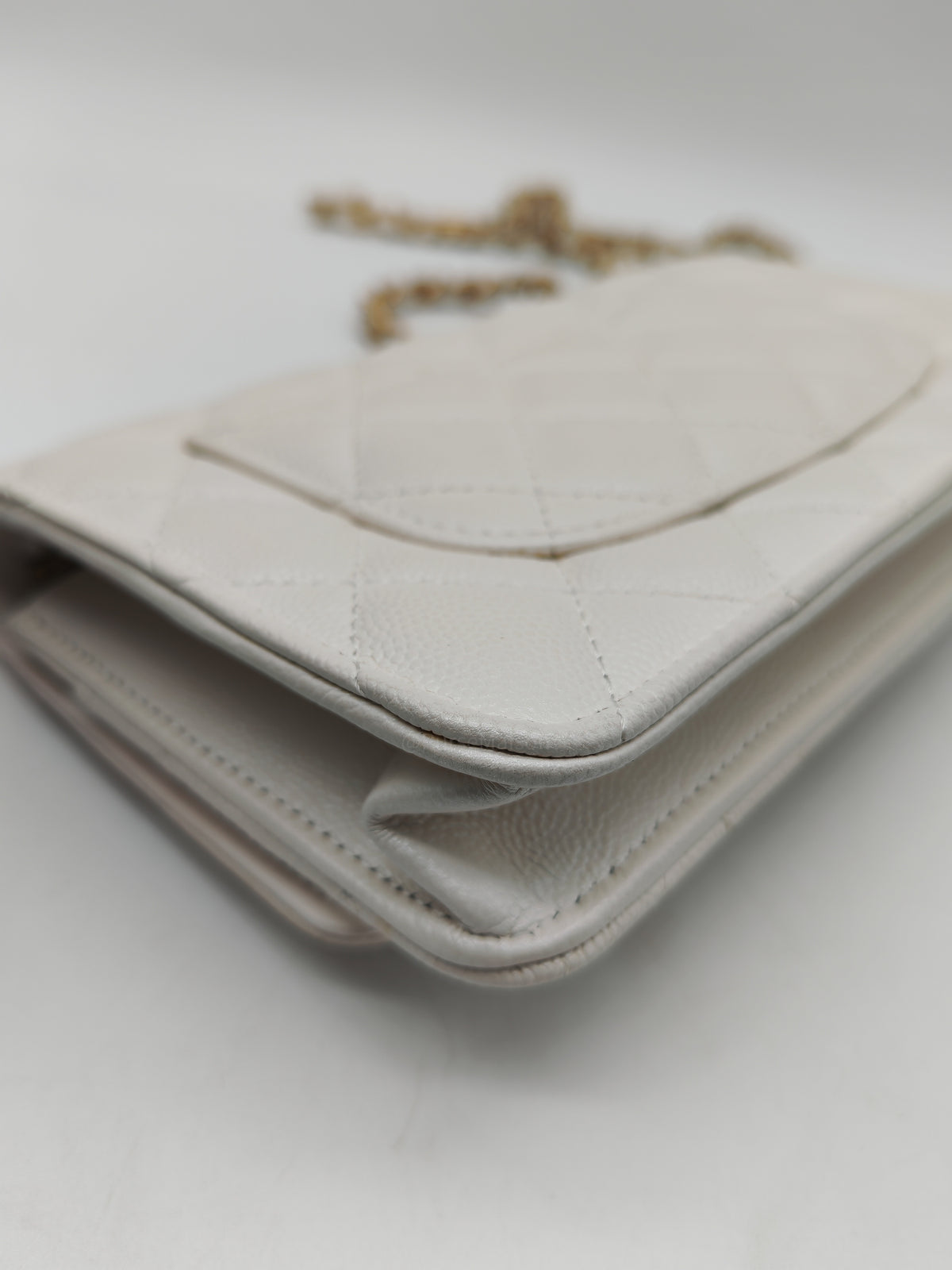 Chanel Turning Lock Wallet on Chain (WOC) in White Iridescent Caviar Leather Aged Gold Hardware (Microchip) | Purse Maison Luxury Bags Shop